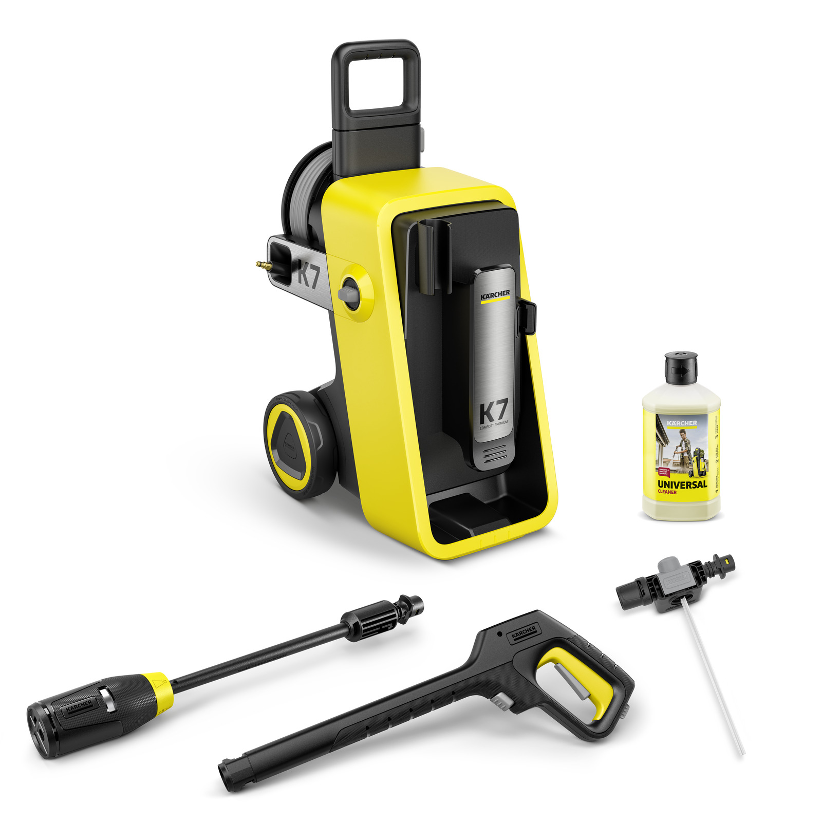 Curățător cu presiune Kärcher K7, accesorii incluse: pistol, lance, detergent și adaptor. Design galben-negru.