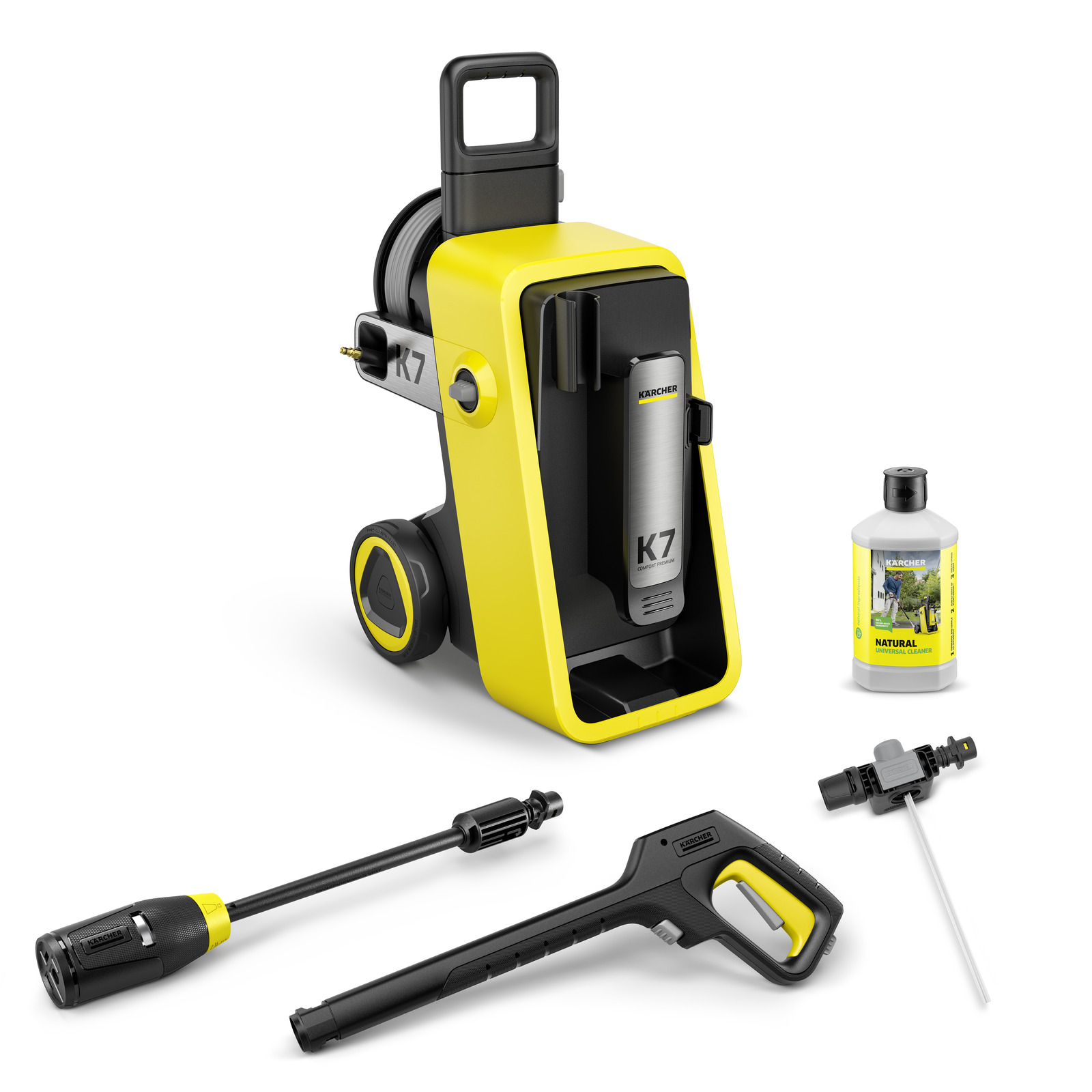 Kärcher K7 high-pressure cleaner with accessories, including a spray gun, nozzle, detergent bottle, and hose connector.