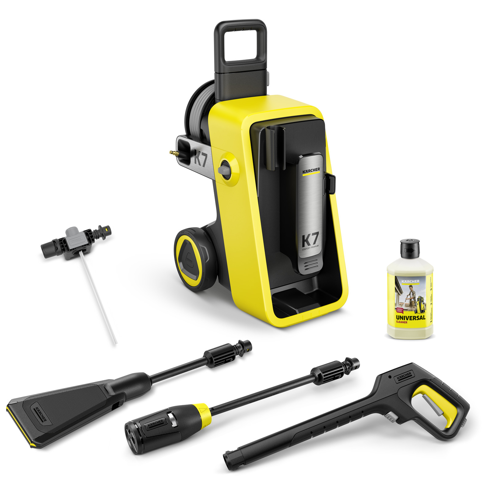 Kärcher K7 high-pressure cleaner with accessories including spray gun, nozzles, hose connector, and detergent bottle.