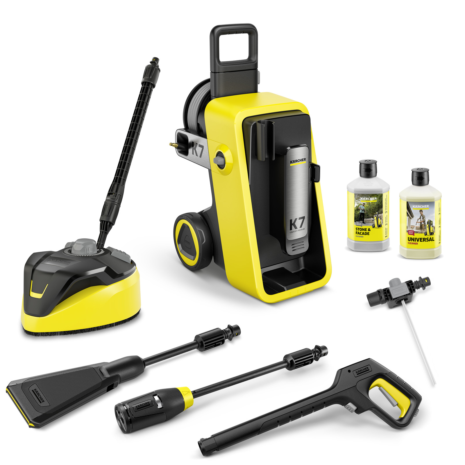 Kärcher K7 high-pressure cleaner set with accessories, including nozzles, detergent bottles, and a surface cleaner attachment.