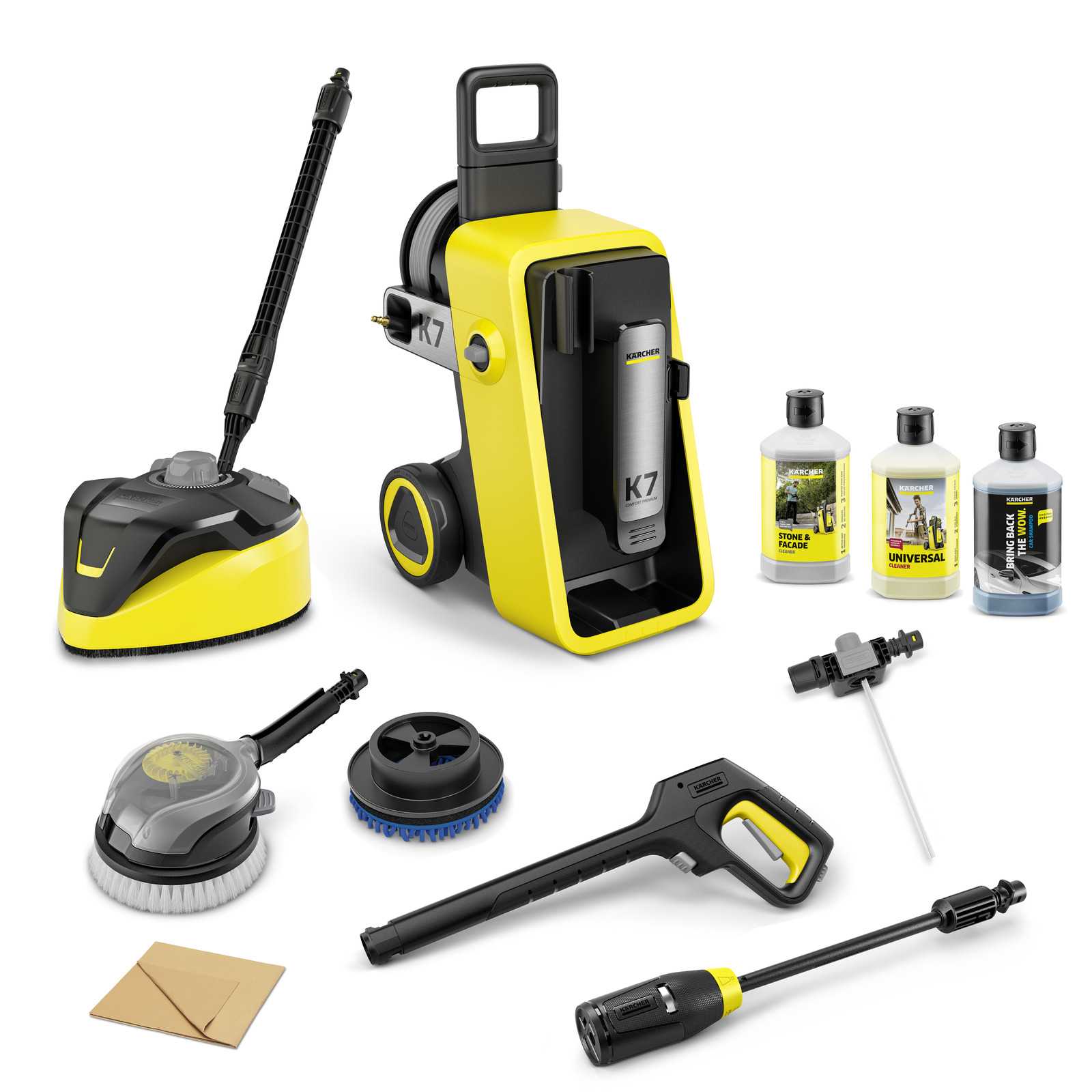 Kärcher K7 high-pressure cleaner set with accessories, including nozzles, brushes, and cleaning solutions, displayed on a white background.
