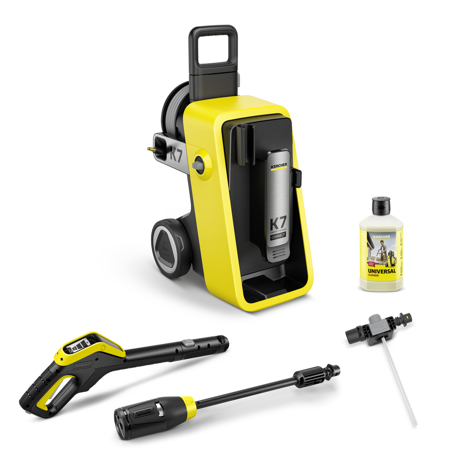 Curățător cu presiune Kärcher K7, pistol de pulverizare, lance, detergent și accesoriu pentru furtun.