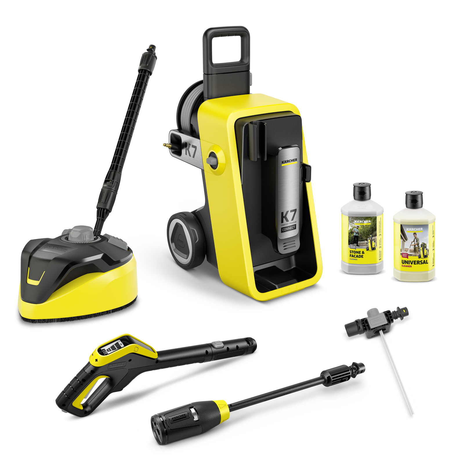 Set de curățare Kärcher K7, incluzând un aparat de curățat cu presiune, accesorii și soluții de curățare. Set de curățare Kärcher K7, incluzând un aparat de curățat cu presiune, accesorii și soluții de curățare.