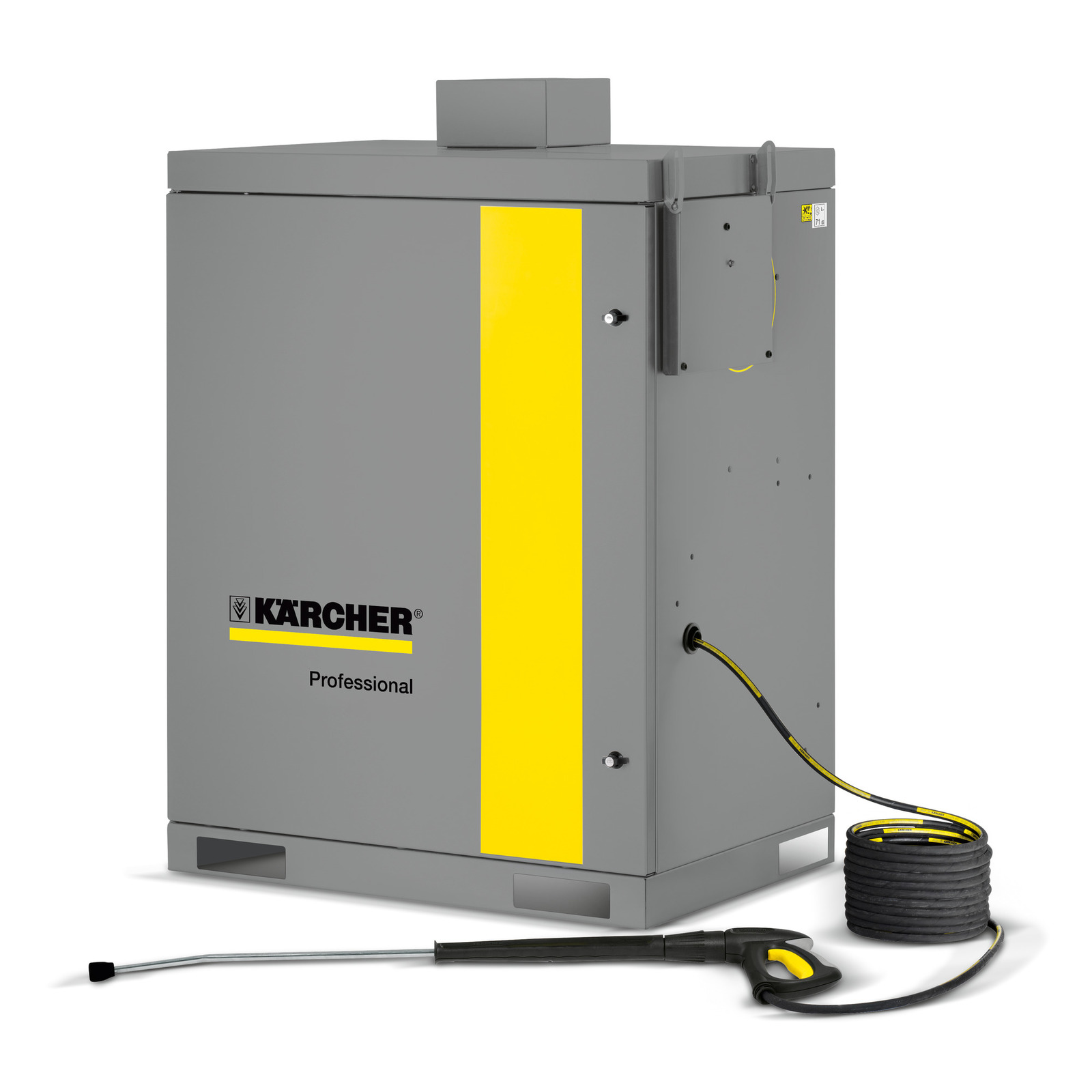Curățător cu presiune Kärcher Professional, gri cu bandă galbenă, furtun și pistol de pulverizare. Curățător cu presiune Kärcher Professional, gri cu bandă galbenă, furtun și pistol de pulverizare.