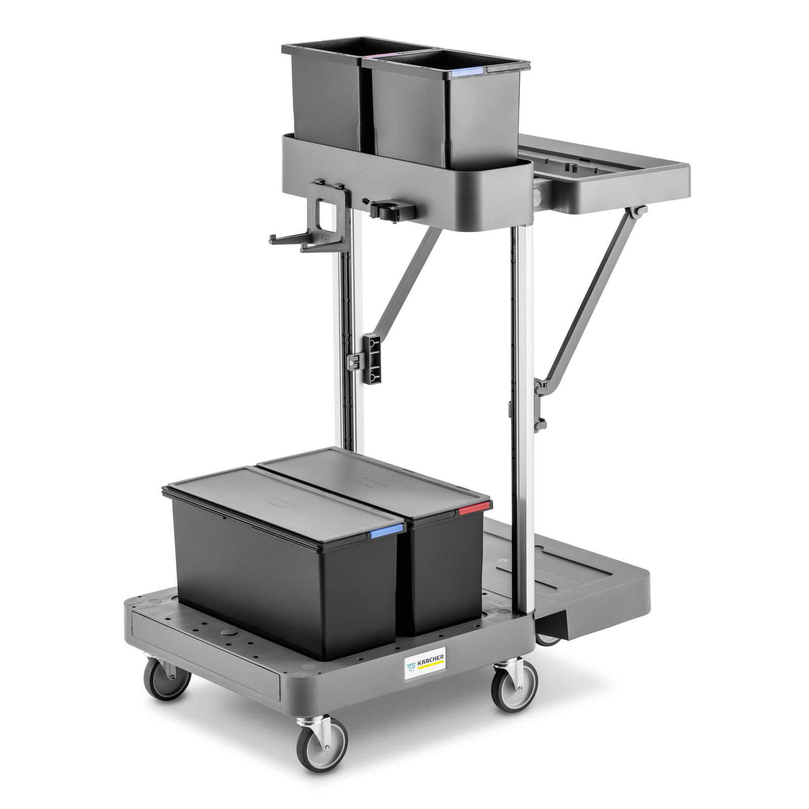 Kärcher grey cleaning trolley with two upper dark bins and two lower lidded dark bins, set against a plain white background.