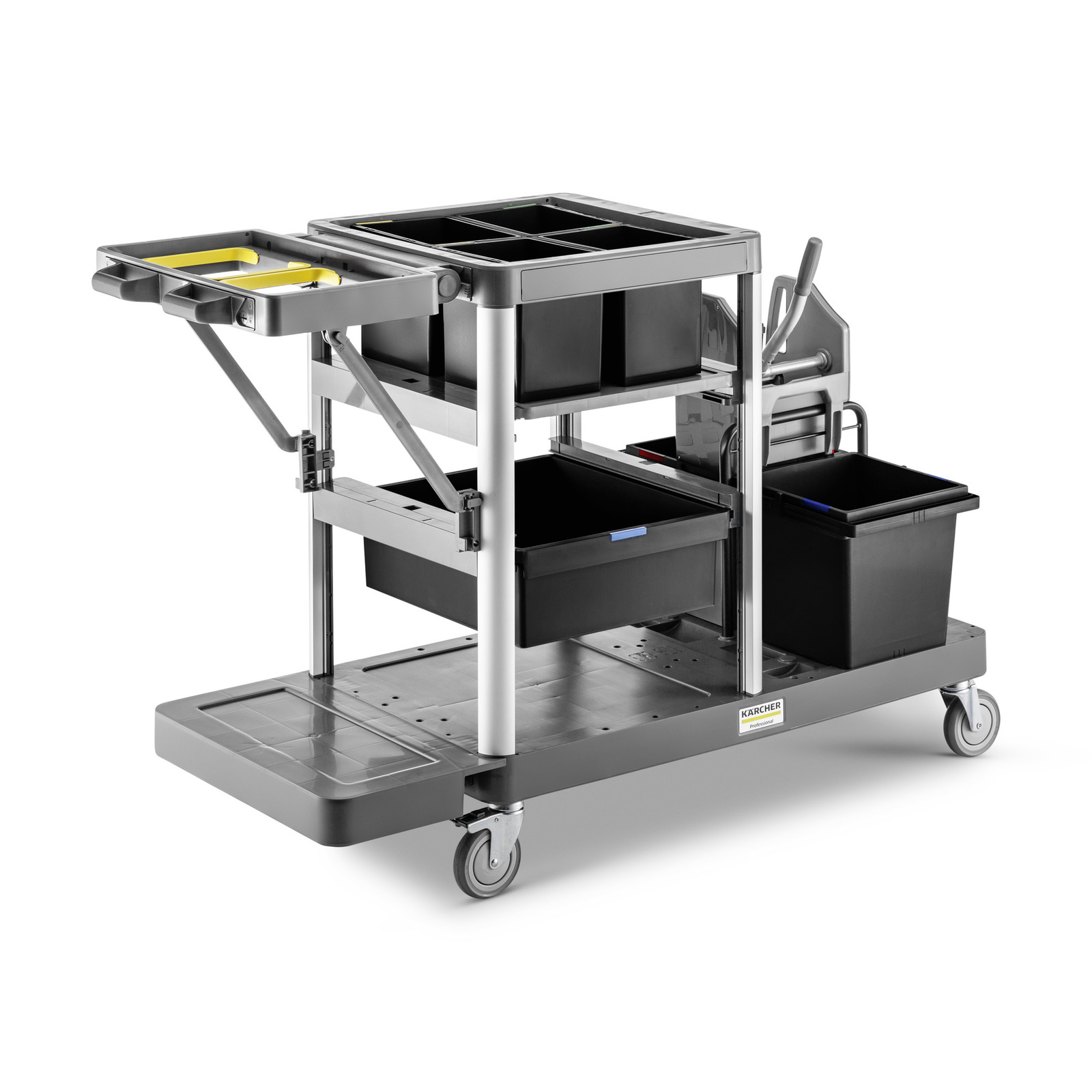 Kärcher cleaning trolley with multiple compartments, trays, and wheels, designed for efficient organisation and mobility. Kärcher cleaning trolley with multiple compartments, trays, and wheels, designed for efficient organisation and mobility.