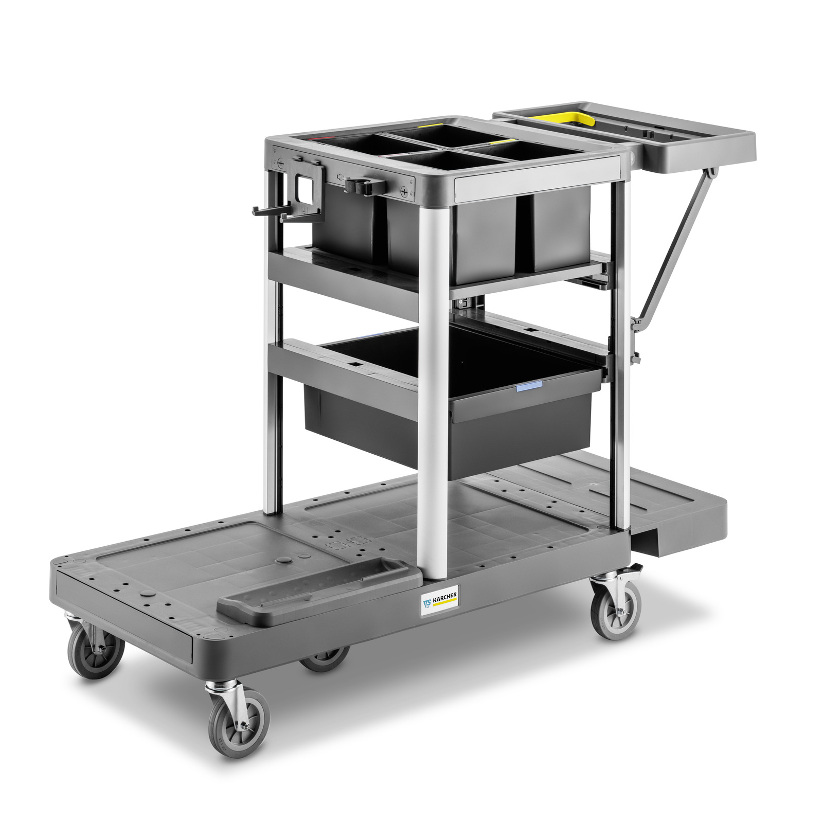 Kärcher multi-level utility trolley in dark grey with silver uprights, featuring multiple shelves, two storage bins, and a top compartmented tray.