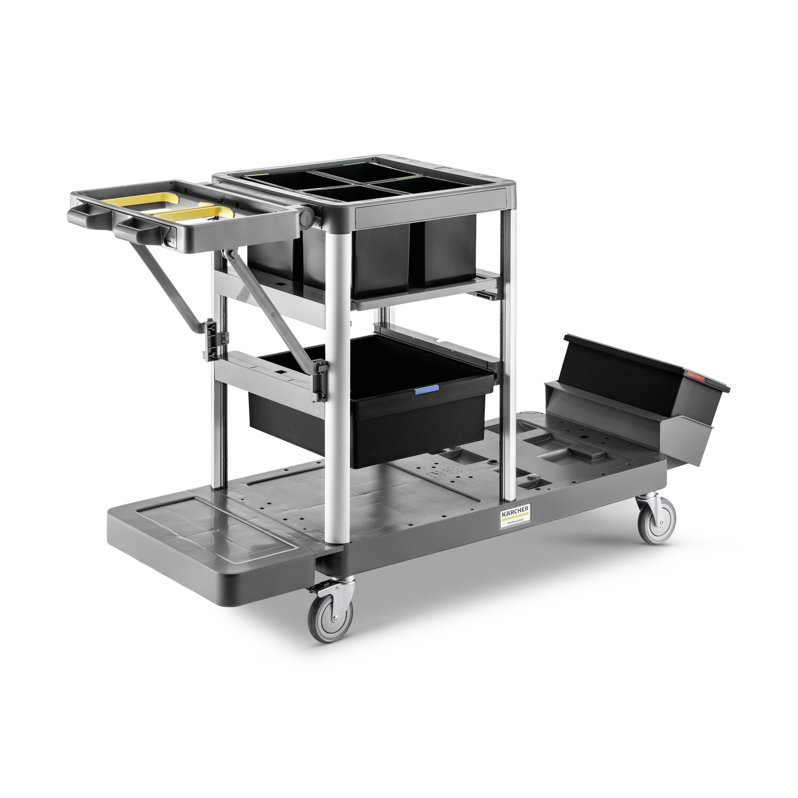 Kärcher cleaning trolley with multiple compartments, trays, and wheels, designed for efficient organisation and mobility. Kärcher cleaning trolley with multiple compartments, trays, and wheels, designed for efficient organisation and mobility.