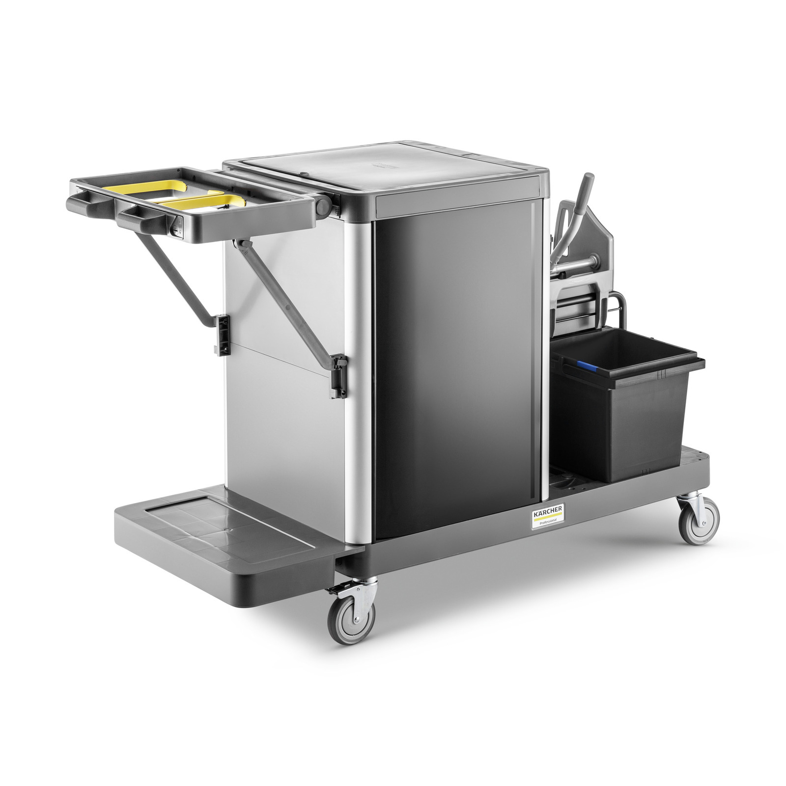 Kärcher cleaning trolley with storage compartments, a black bin, and wheels for mobility. Kärcher cleaning trolley with storage compartments, a black bin, and wheels for mobility.