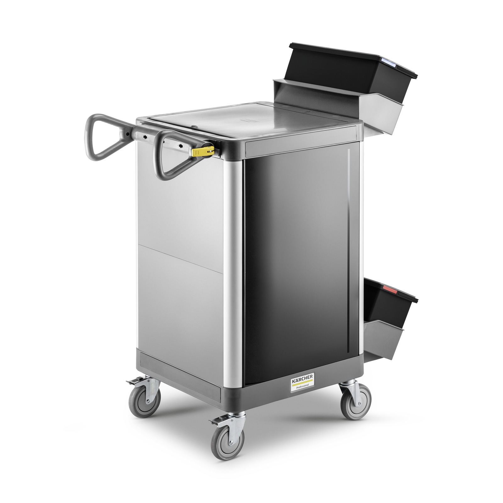 Kärcher cleaning trolley with grey handles, black and silver body, and two black bins on wheels. Kärcher cleaning trolley with grey handles, black and silver body, and two black bins on wheels.