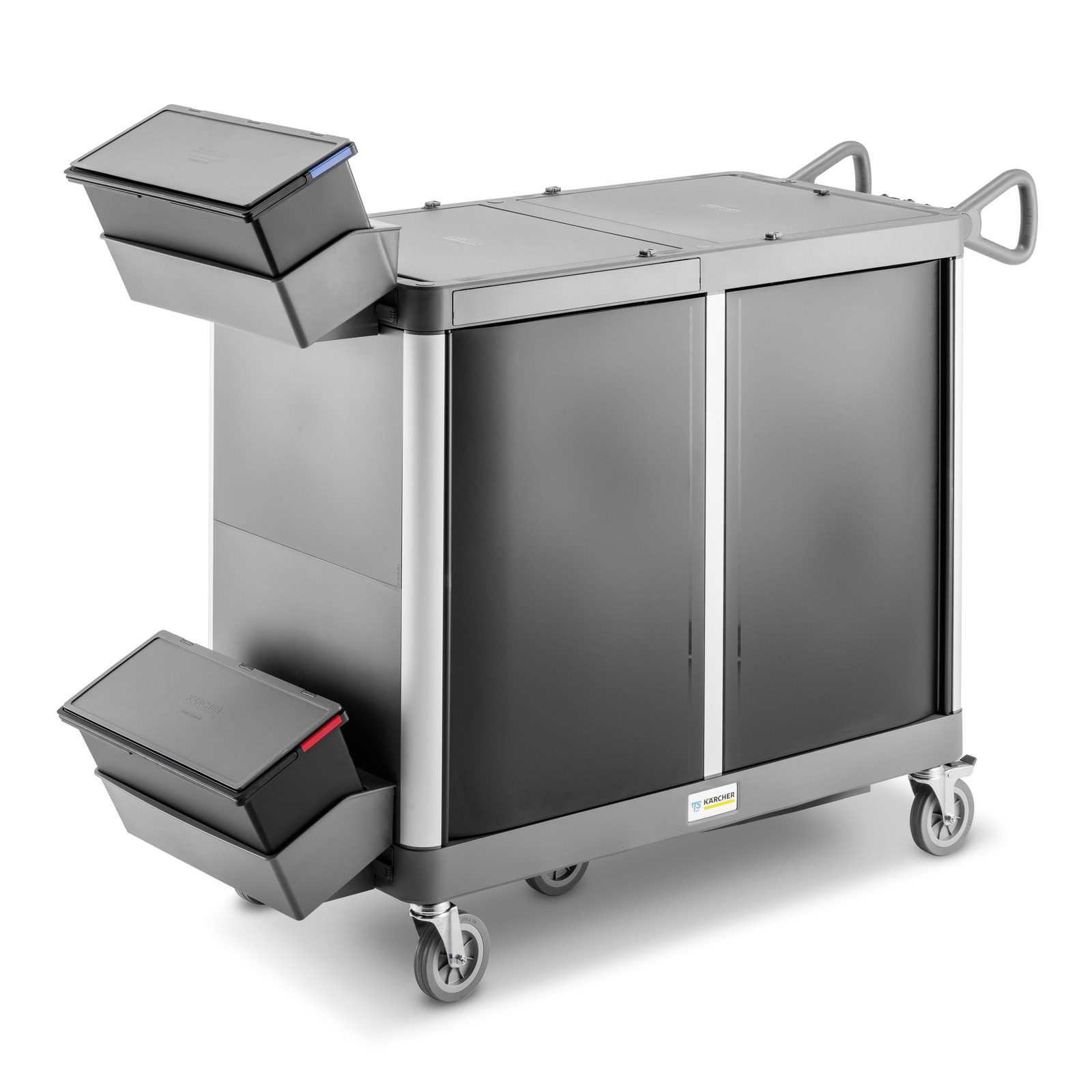 Grey Kärcher cleaning trolley with two large storage compartments, two tilting bins, handles, and castor wheels, on a white background. Grey Kärcher cleaning trolley with two large storage compartments, two tilting bins, handles, and castor wheels, on a white background.