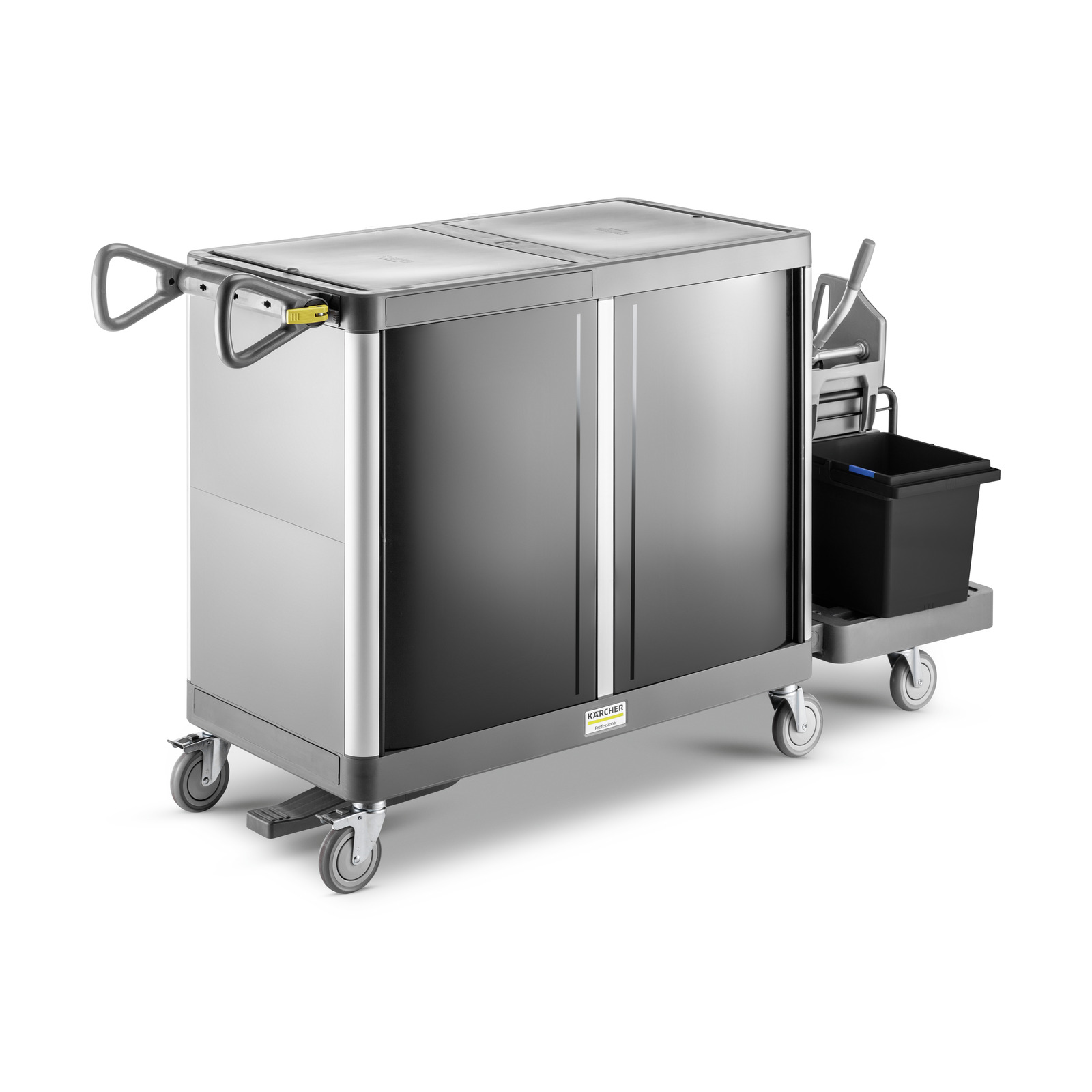 Kärcher cleaning trolley with dual compartments, handles, and a side tray holding a bucket and cleaning supplies, on wheels. Kärcher cleaning trolley with dual compartments, handles, and a side tray holding a bucket and cleaning supplies, on wheels.