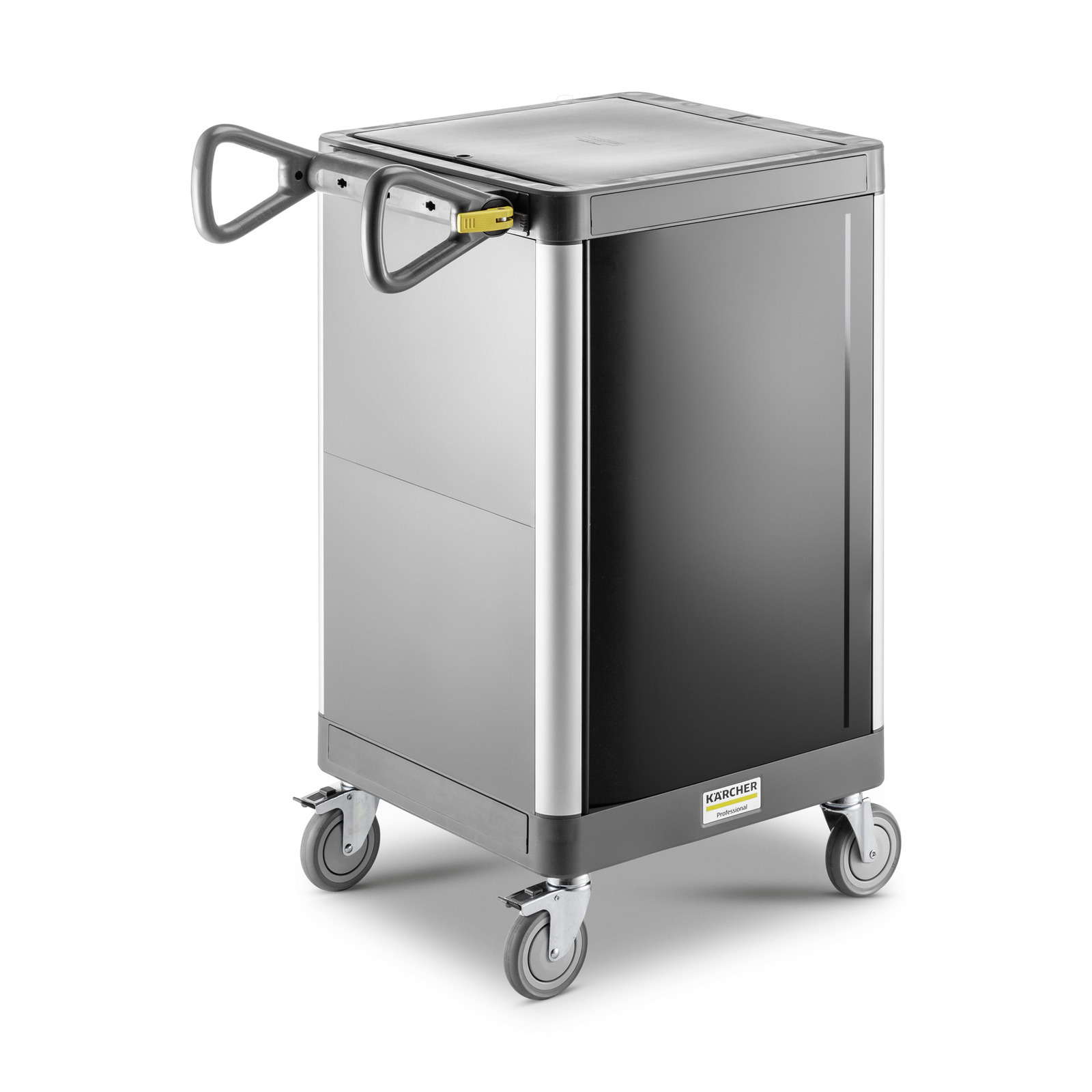 Kärcher cleaning trolley with a sleek black and silver design, featuring four wheels and two handles. Kärcher cleaning trolley with a sleek black and silver design, featuring four wheels and two handles.