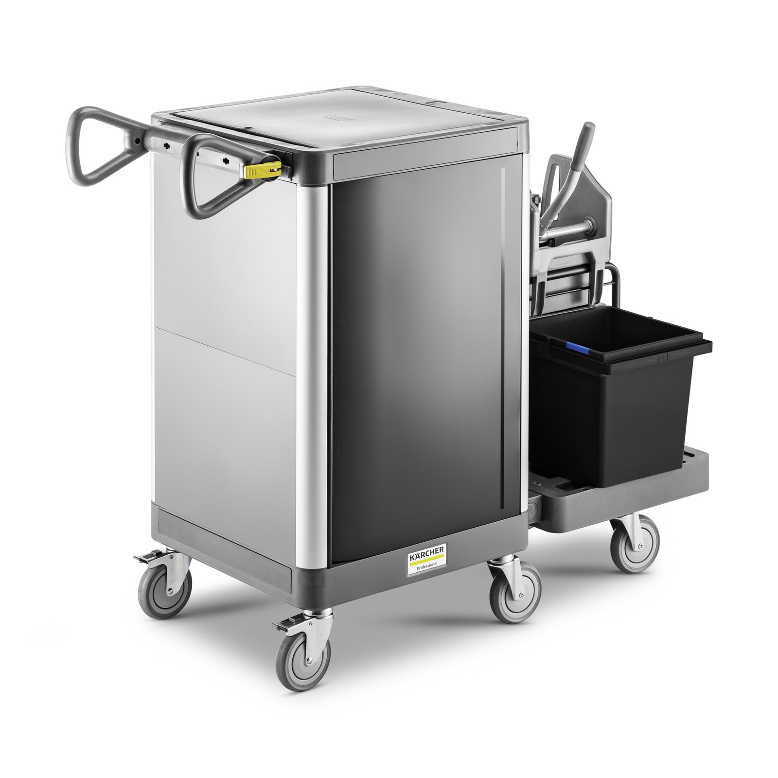 Kärcher cleaning trolley with wheels, featuring a black bin and handle attachments. Kärcher cleaning trolley with wheels, featuring a black bin and handle attachments.