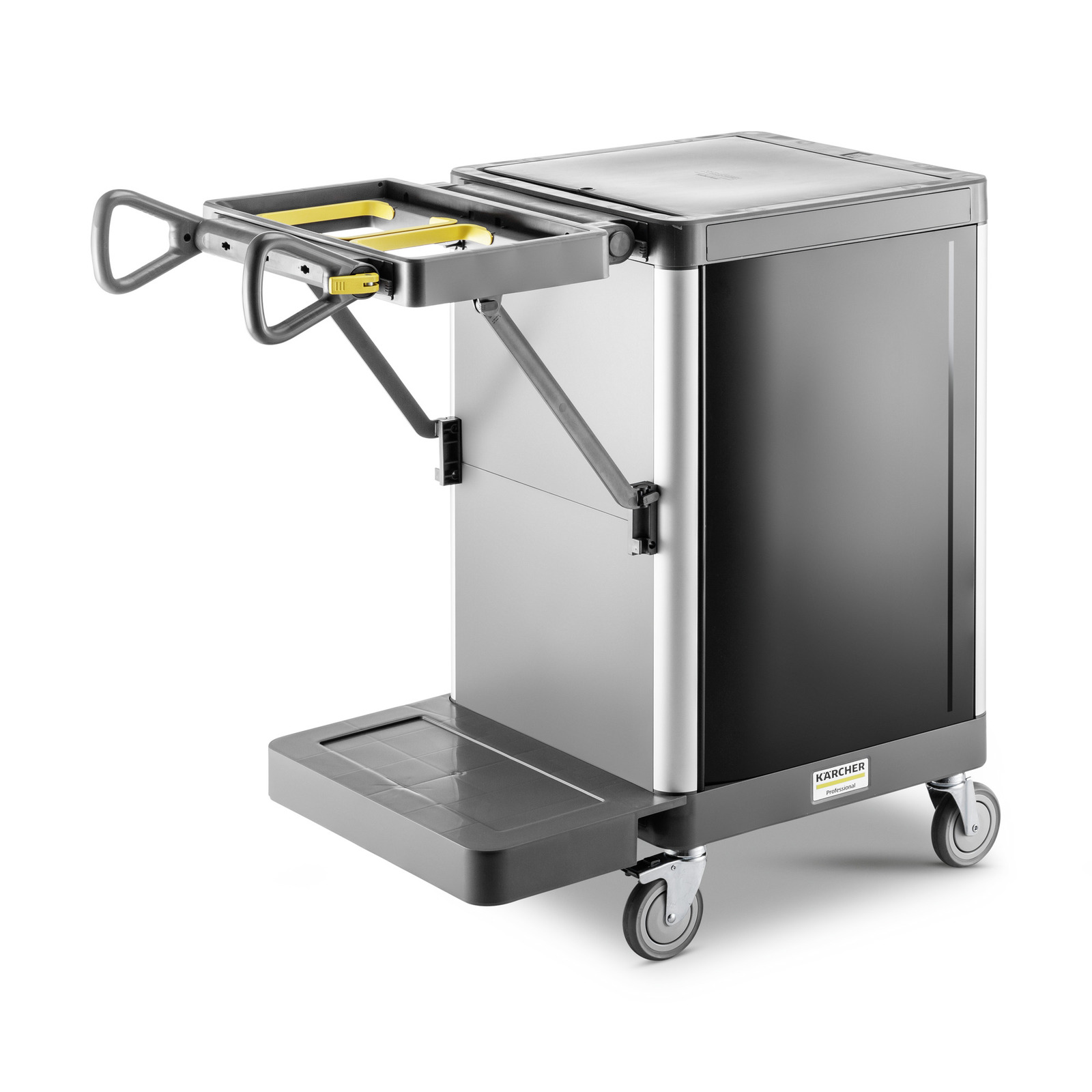 Kärcher cleaning trolley with extendable tray, black and silver, on four wheels. Kärcher cleaning trolley with extendable tray, black and silver, on four wheels.
