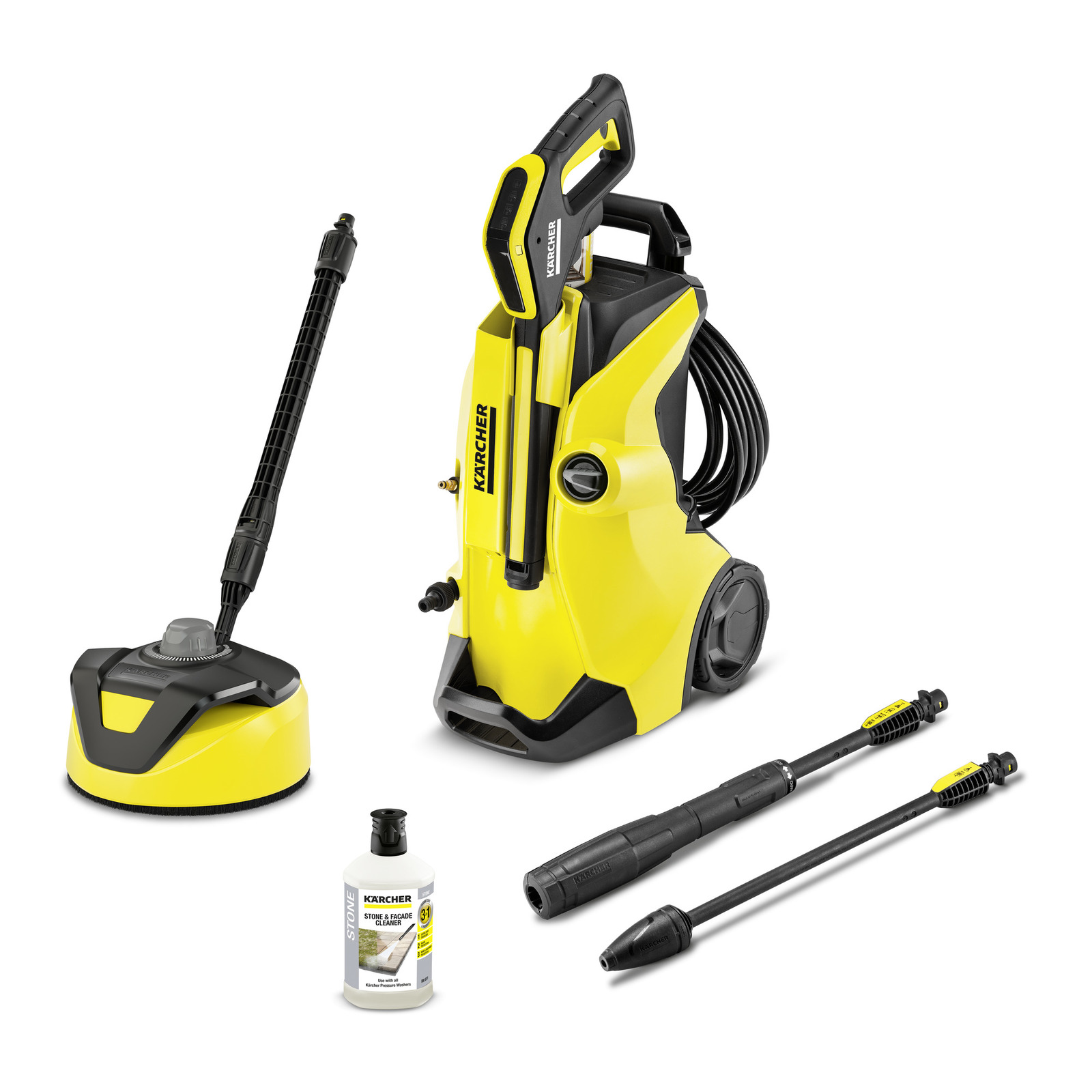 Aspirator Kärcher cu presiune înaltă galben, accesorii de curățare și detergent.