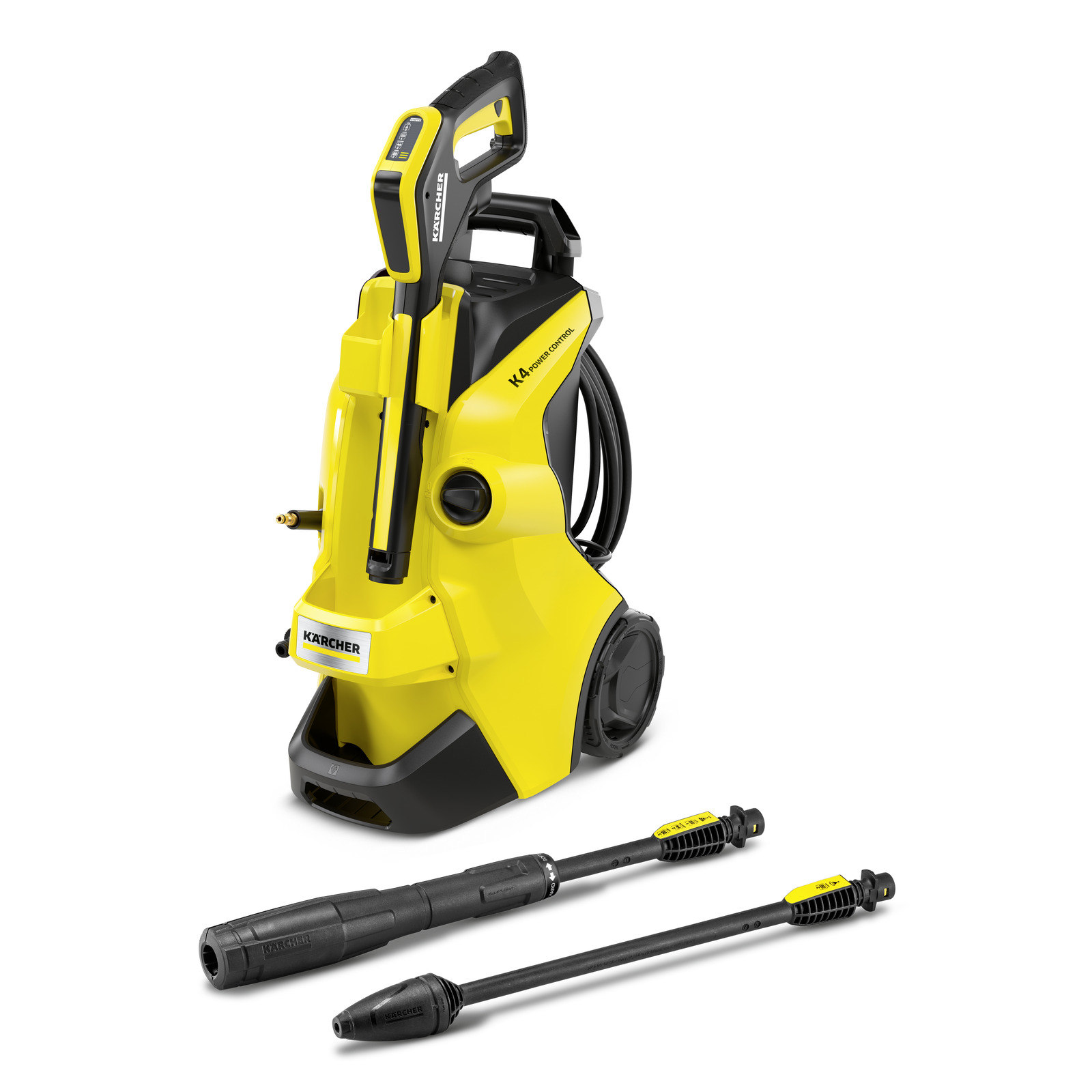 Yellow Kärcher high-pressure cleaner with two detachable nozzles, set against a white background.