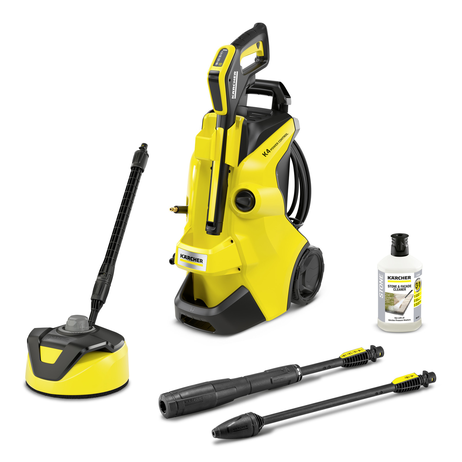 Aspirator Kärcher K4, accesorii de curățare, lance de presiune și detergent pentru piatră și fațade.