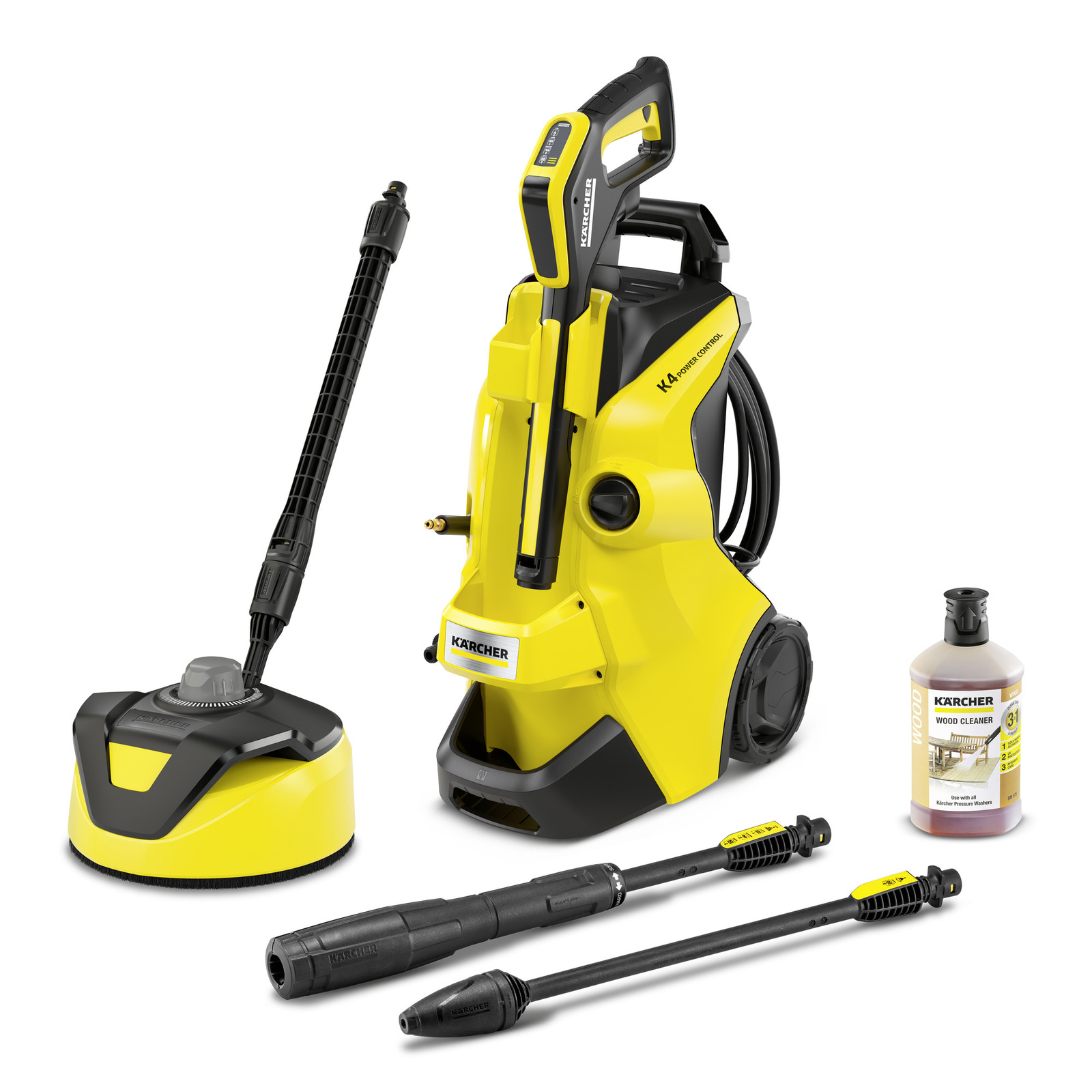 Aspirator Kärcher K4 galben, accesorii de curățare și detergent pentru lemn, pe fundal alb. Aspirator Kärcher K4 galben, accesorii de curățare și detergent pentru lemn, pe fundal alb.