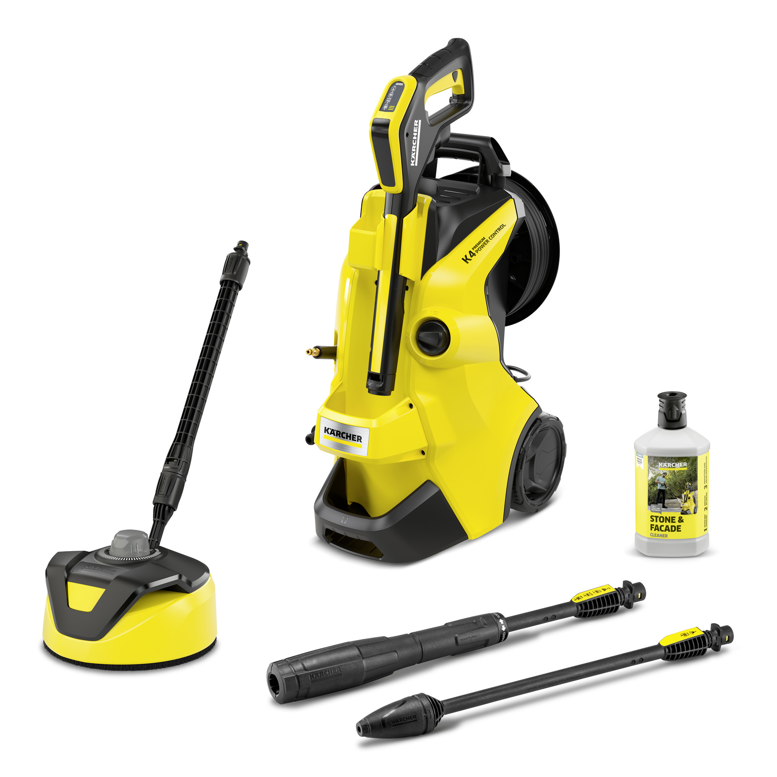 Aspirator Kärcher K4 Power Control galben, accesorii de curățare și detergent pentru piatră și fațade.