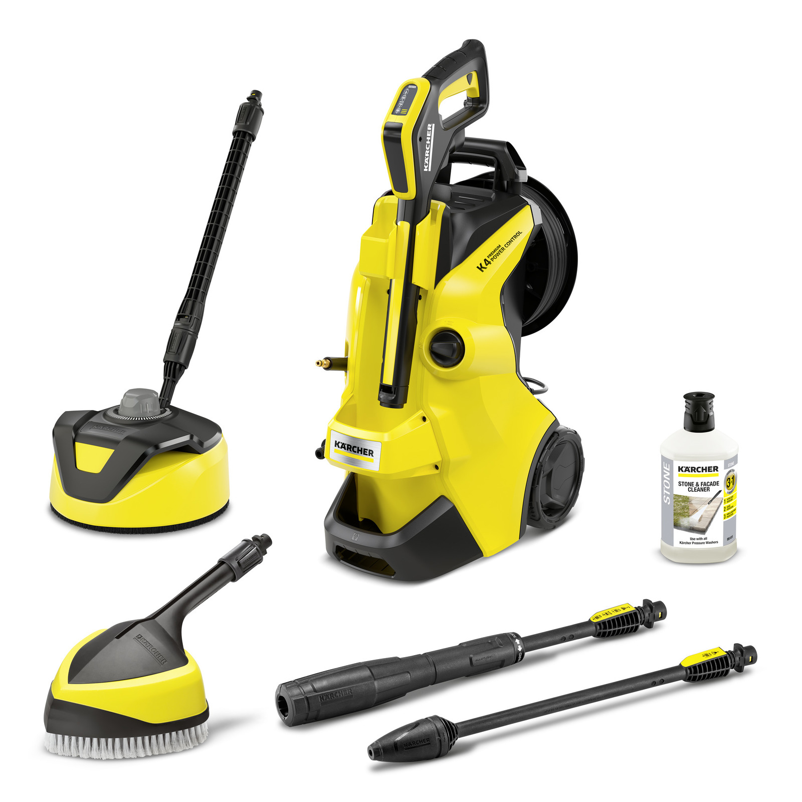 Kärcher K4 pressure washer with accessories: surface cleaner, brush, two nozzles, and stone cleaner bottle. Kärcher K4 pressure washer with accessories: surface cleaner, brush, two nozzles, and stone cleaner bottle.