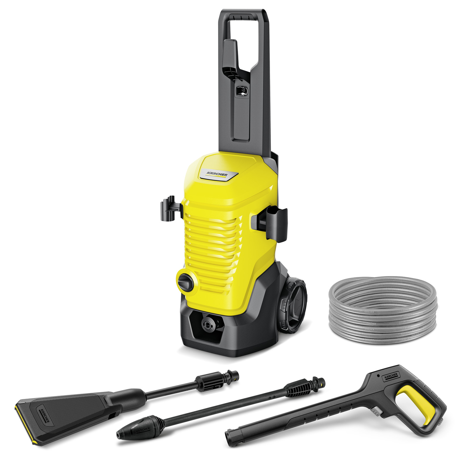 Yellow Kärcher high-pressure cleaner with accessories, including a hose, spray gun, and two nozzles, on a white background.