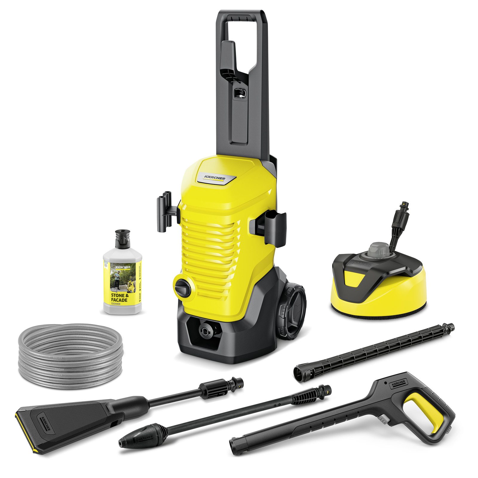 Kärcher high-pressure cleaner with accessories including detergent bottle, hose, surface cleaner, and various nozzles.