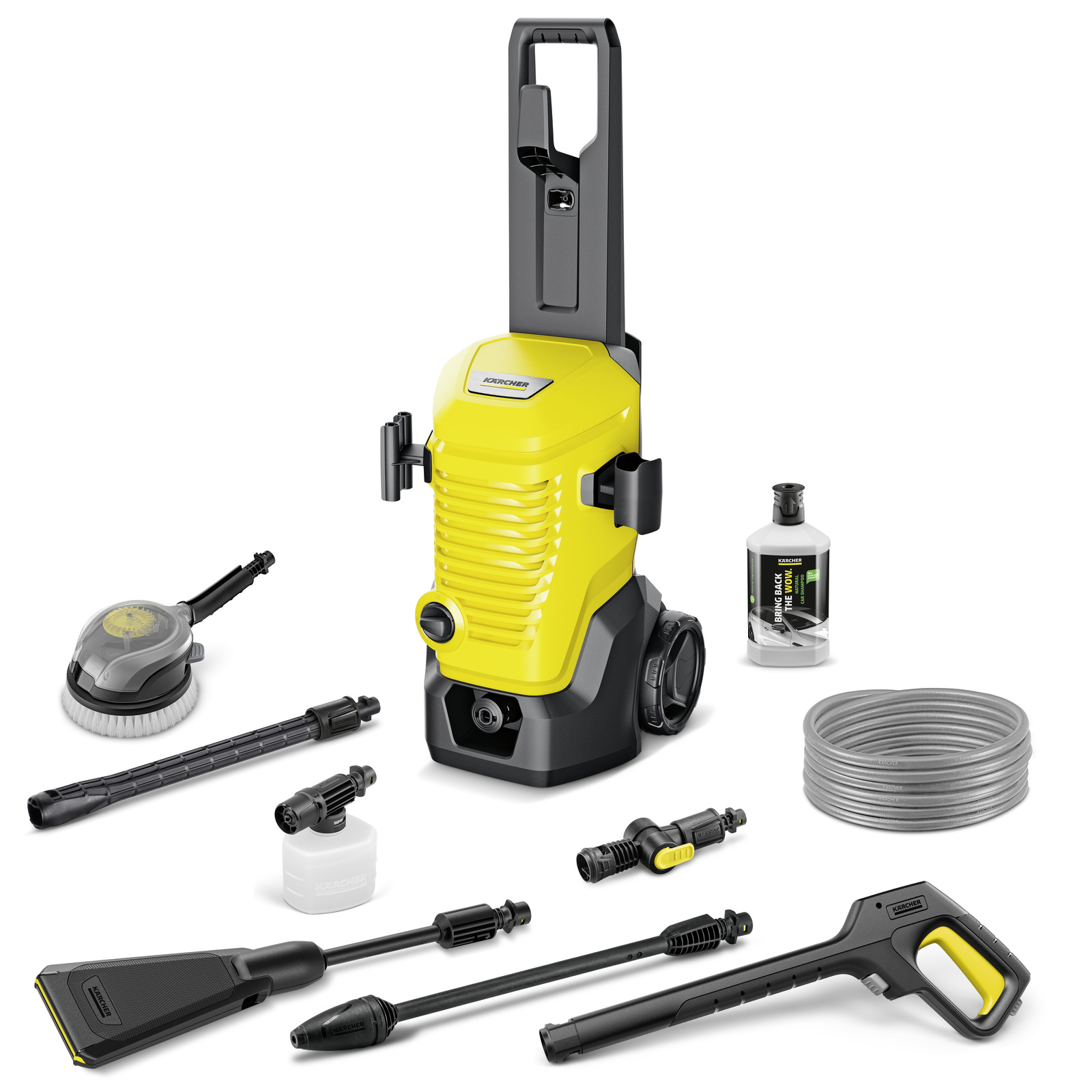 Kärcher high-pressure cleaner with accessories including spray gun, nozzles, hose, detergent bottle, and brush, displayed on a white background. Kärcher high-pressure cleaner with accessories including spray gun, nozzles, hose, detergent bottle, and brush, displayed on a white background.