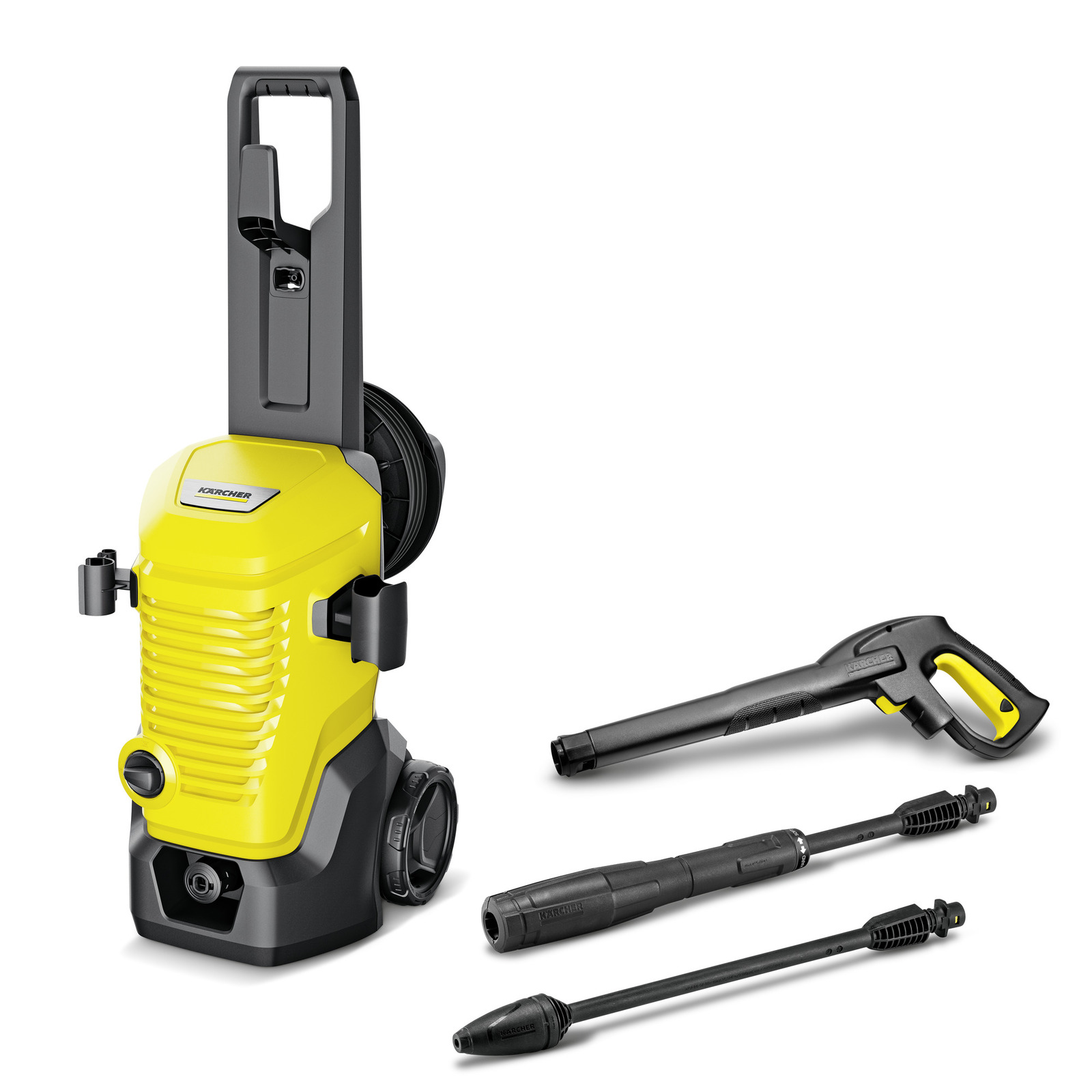 Yellow Kärcher high-pressure cleaner with spray gun and two nozzles on a white background. Yellow Kärcher high-pressure cleaner with spray gun and two nozzles on a white background.