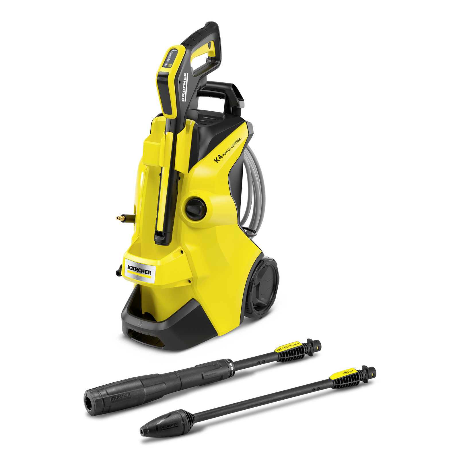 Yellow Kärcher K4 high-pressure cleaner with two black spray lances, featuring a hose reel and ergonomic handle.