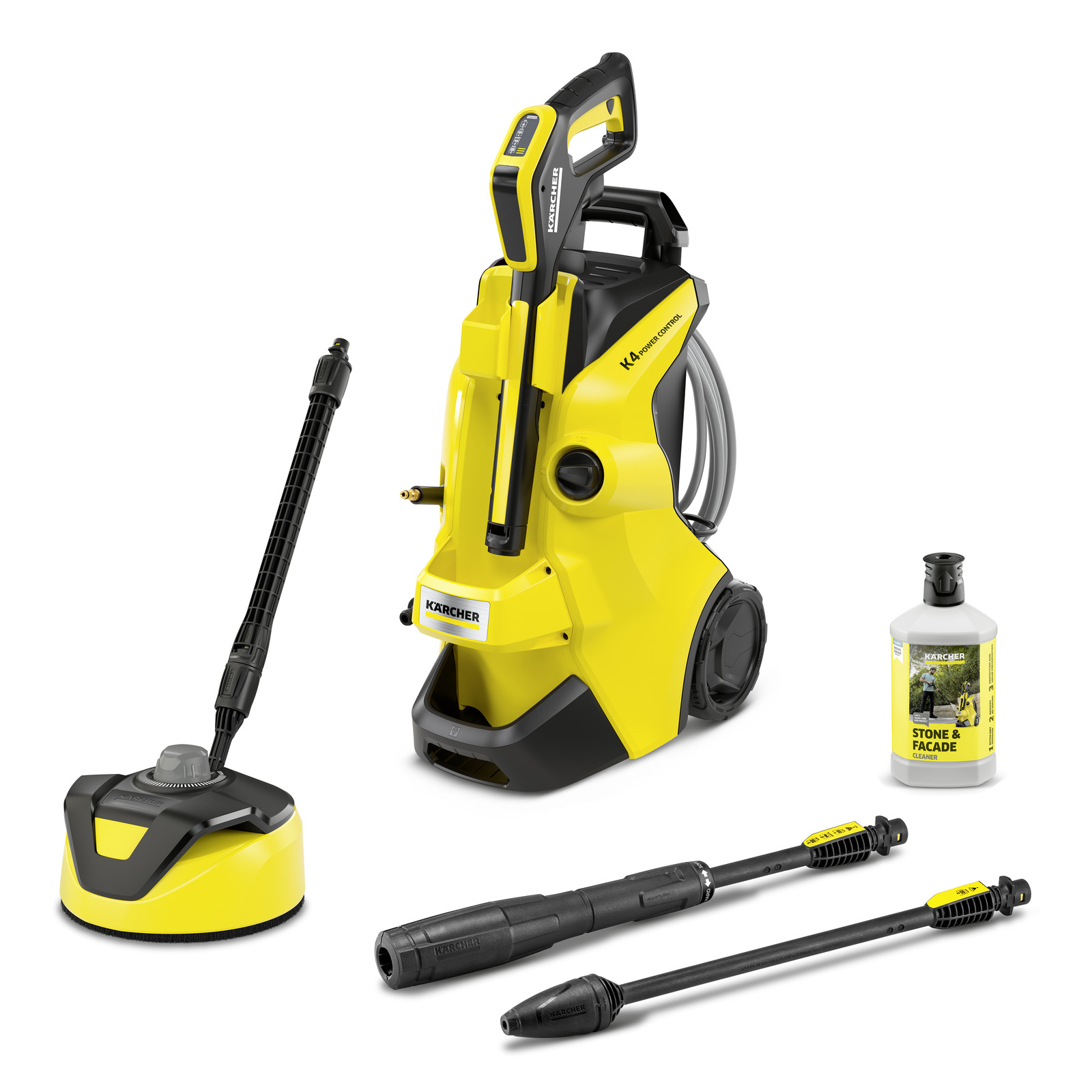 Kärcher K4 high-pressure cleaner with accessories, including a surface cleaner, two nozzles, and a bottle of stone and facade detergent.