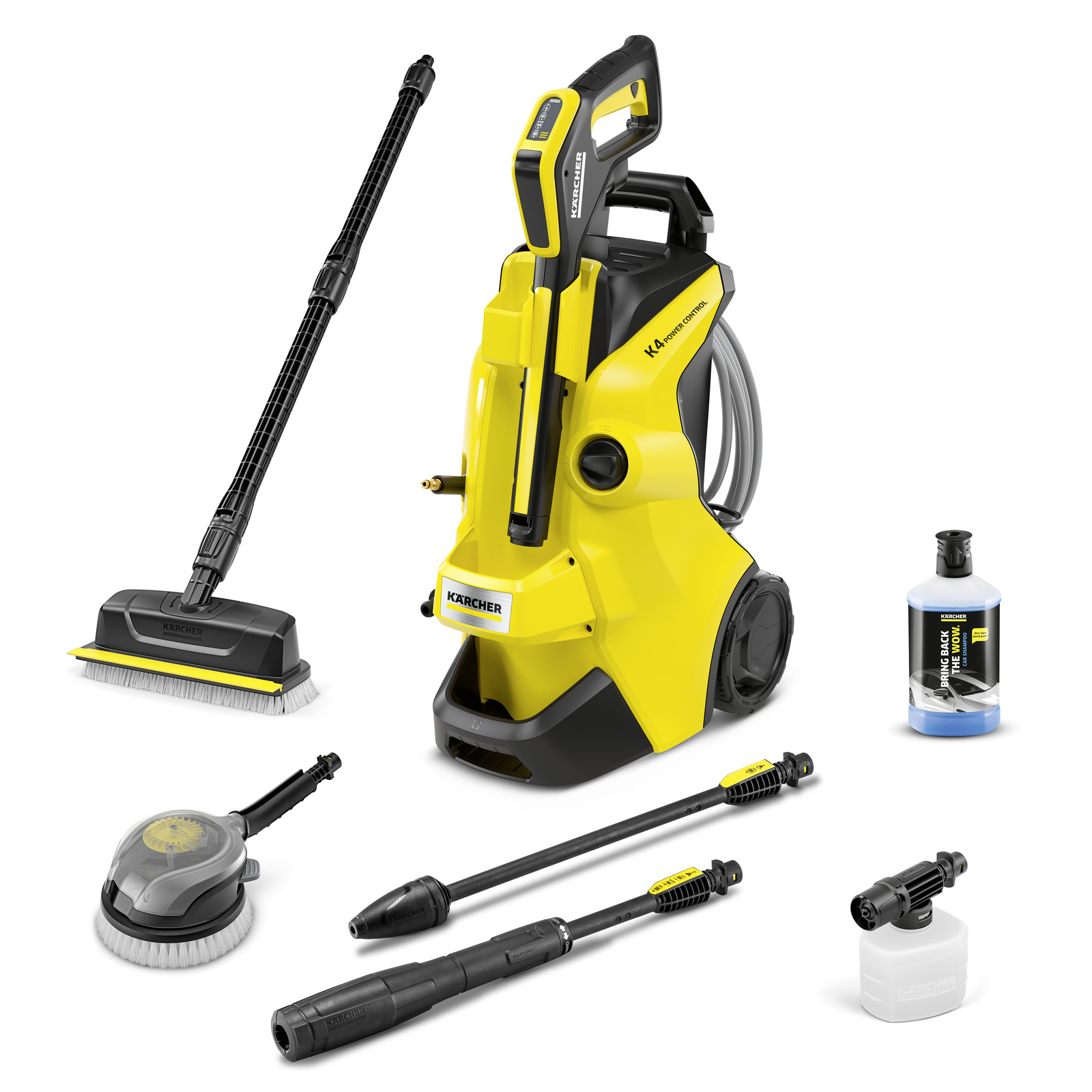 Kärcher hogedrukreiniger met accessoires: vloerborstel, roterende borstel, twee spuitlansen, reinigingsmiddel en schuimadapter. Kärcher hogedrukreiniger met accessoires: vloerborstel, roterende borstel, twee spuitlansen, reinigingsmiddel en schuimadapter.