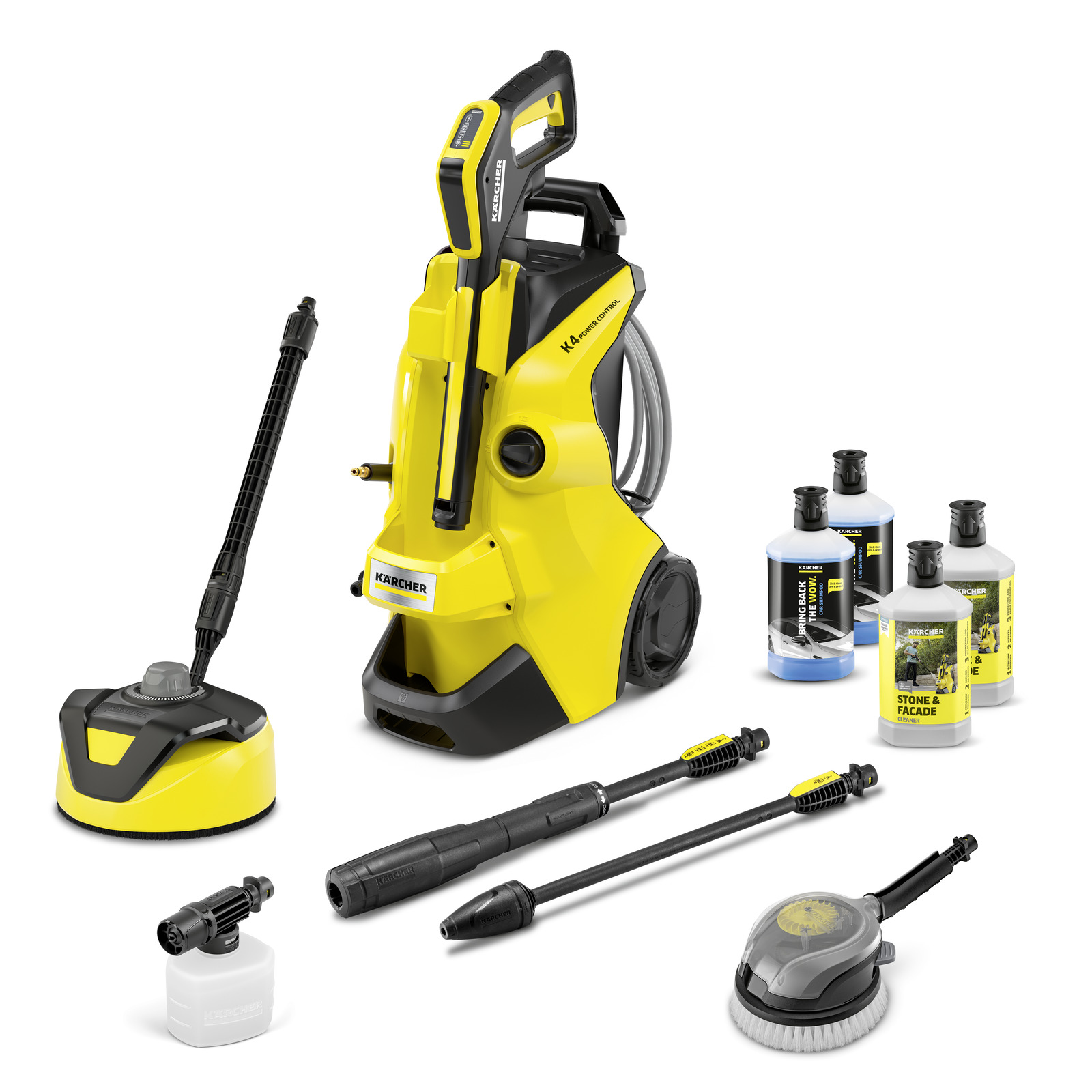 Kärcher K4 high-pressure cleaner with accessories, including nozzles, surface cleaner, and cleaning solutions.