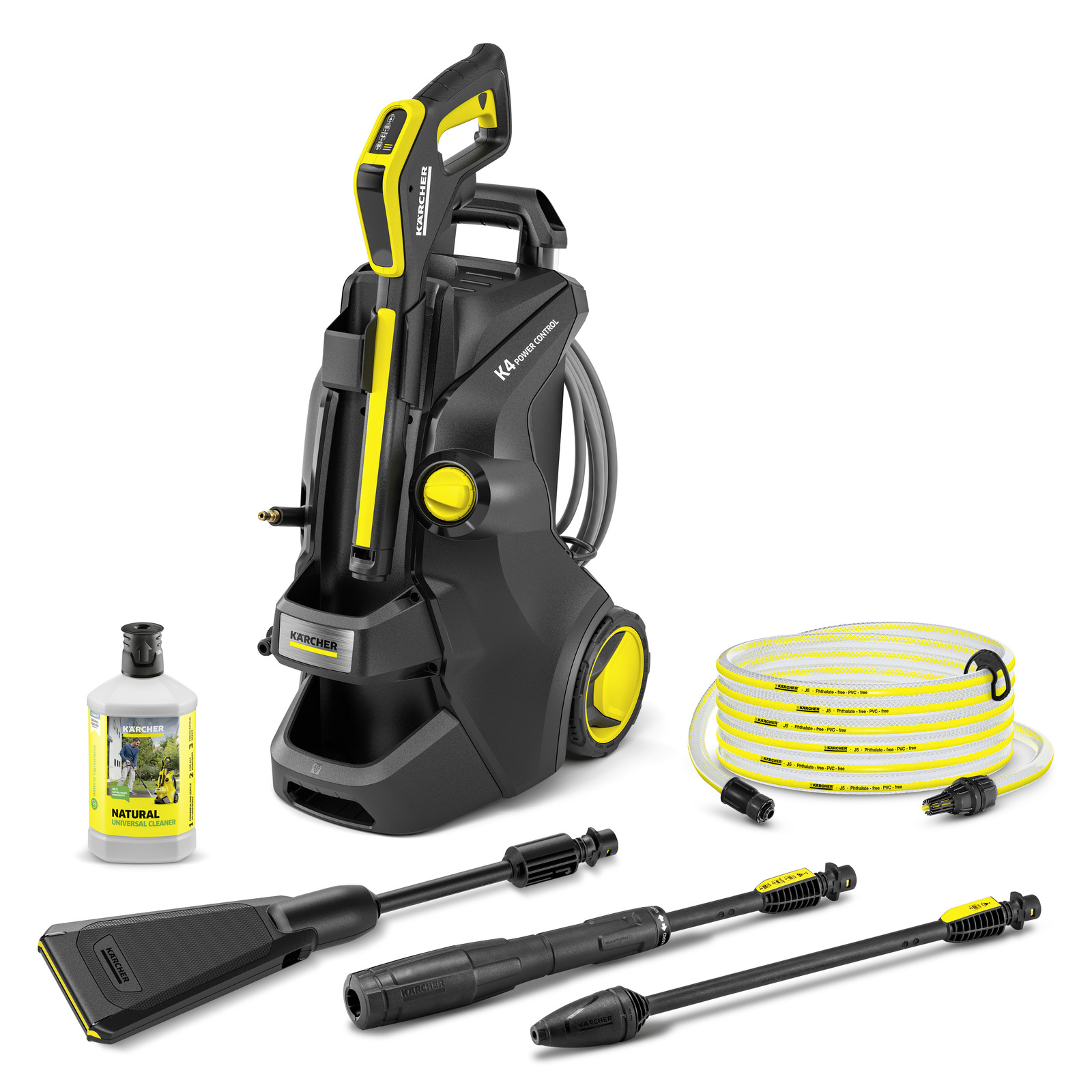 Kärcher K4 Power Control high-pressure cleaner with accessories, including hose, detergent bottle, and various nozzles, on a white background. Kärcher K4 Power Control high-pressure cleaner with accessories, including hose, detergent bottle, and various nozzles, on a white background.