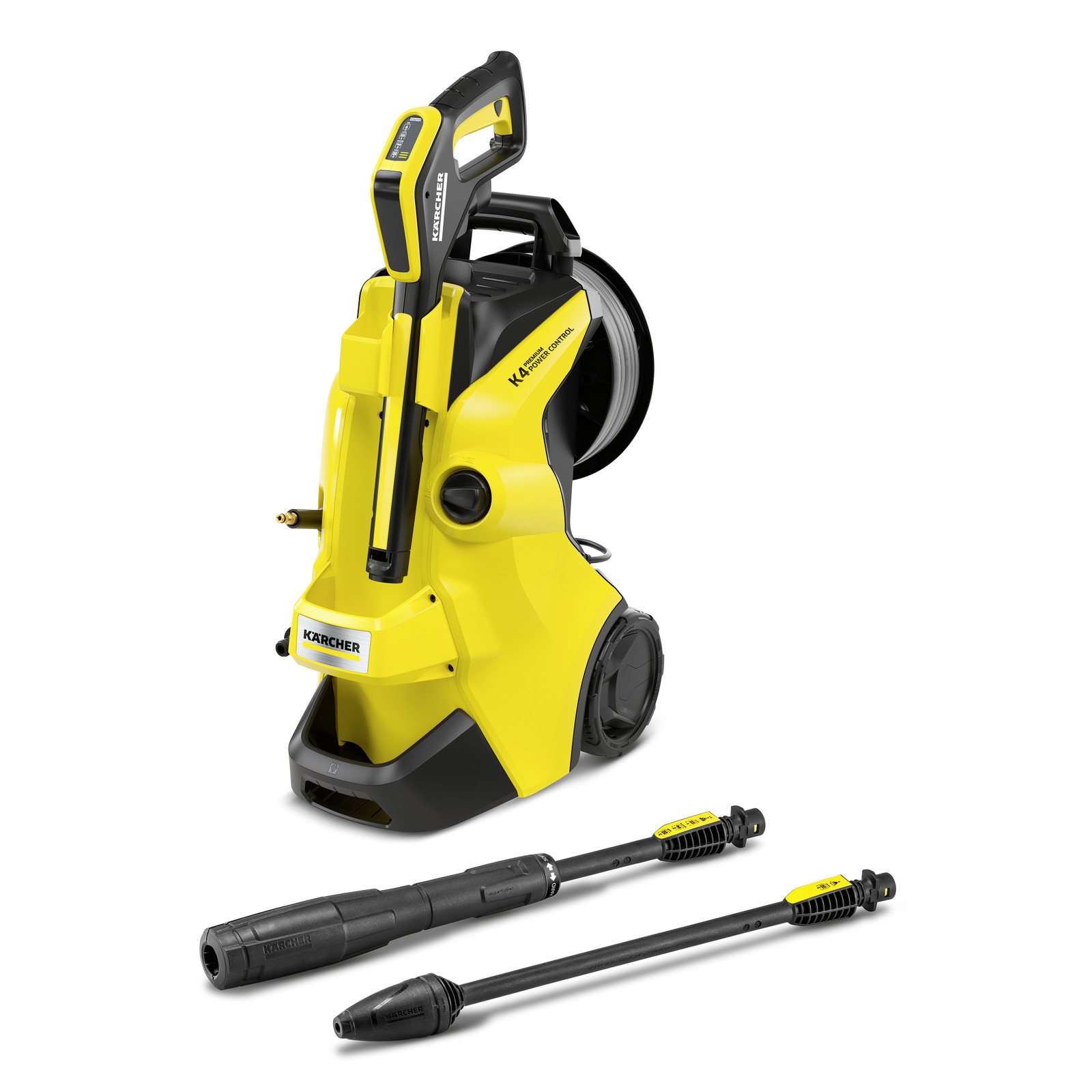 Kärcher Hochdruckreiniger K4 Power Control, gelb-schwarz, mit zwei Düsenaufsätzen, auf weißem Hintergrund.
