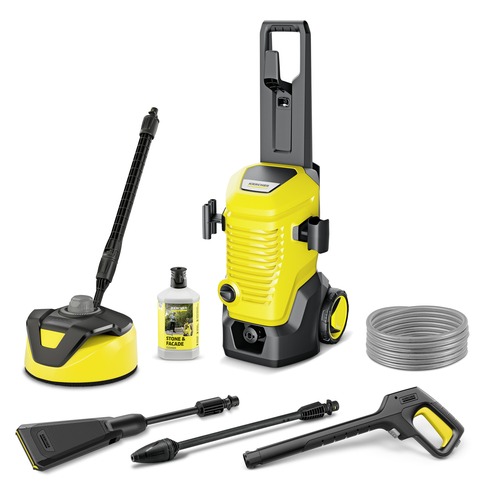 Kärcher high-pressure cleaner set with attachments, detergent bottle, and hose, all in yellow and black. Kärcher high-pressure cleaner set with attachments, detergent bottle, and hose, all in yellow and black.