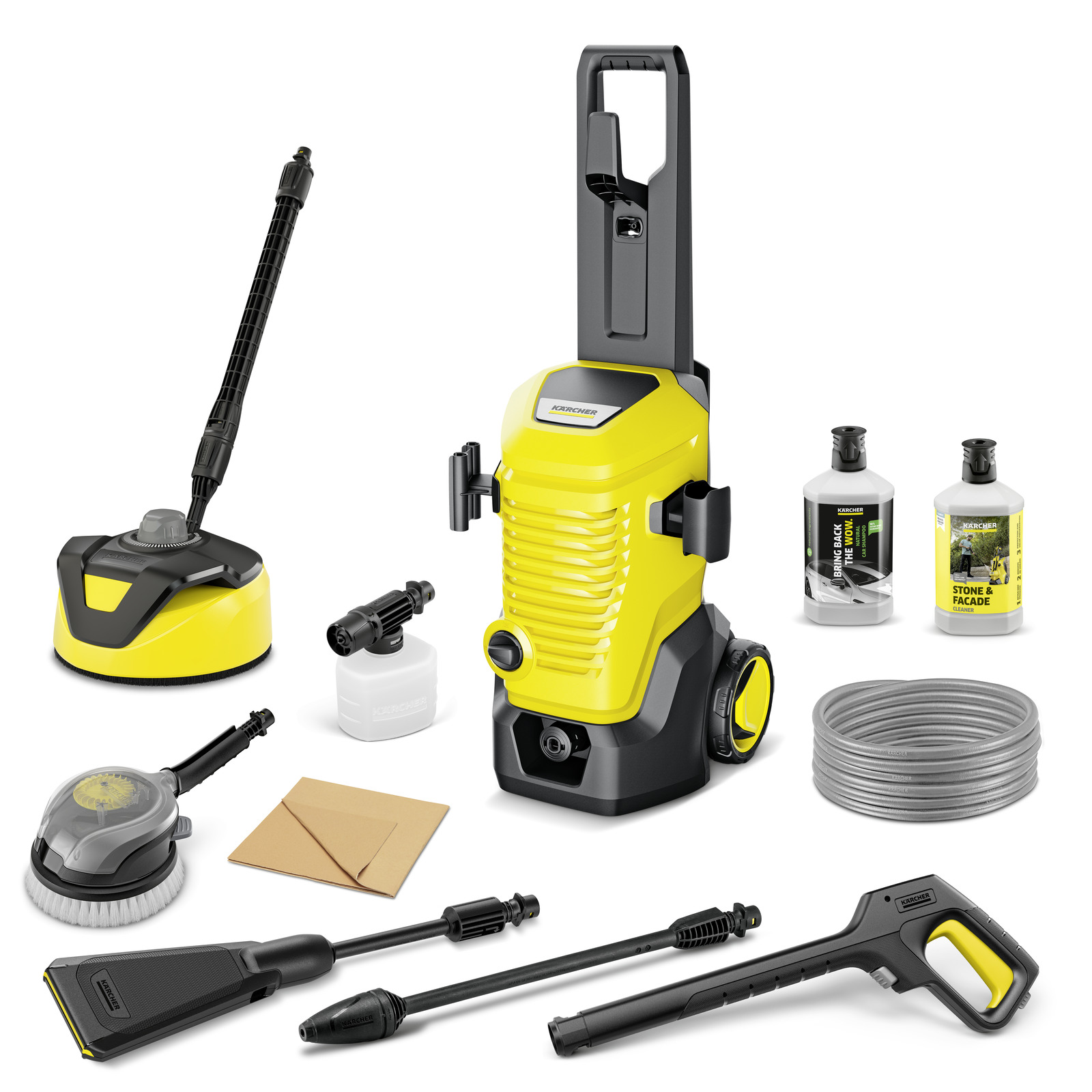 Kärcher high-pressure cleaner with accessories including nozzles, detergent bottles, hose, and cleaning tools on a white background. Kärcher high-pressure cleaner with accessories including nozzles, detergent bottles, hose, and cleaning tools on a white background.