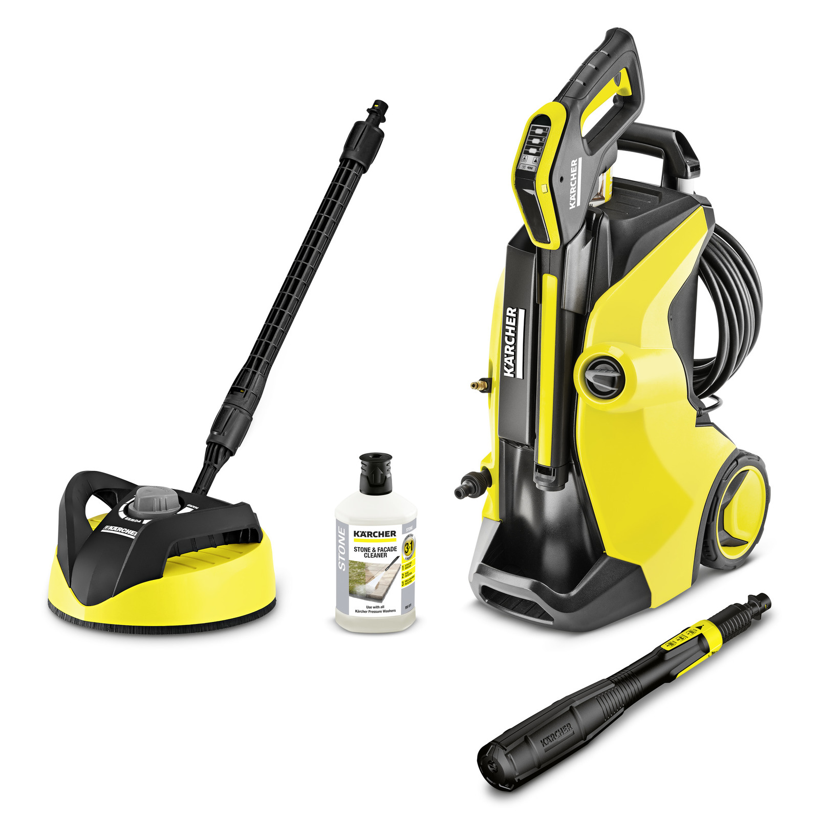 Kärcher high-pressure cleaner with accessories, including a surface cleaner, detergent bottle, and spray lance, all in yellow and black. Kärcher high-pressure cleaner with accessories, including a surface cleaner, detergent bottle, and spray lance, all in yellow and black.