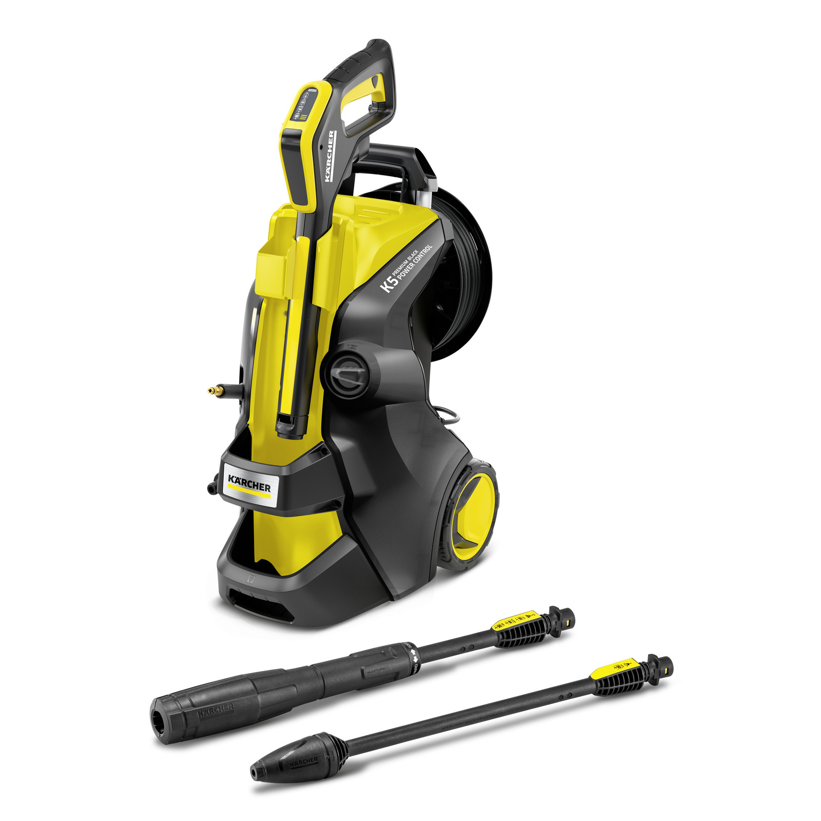 Kärcher K5 high-pressure cleaner with two spray lances, featuring a yellow and black design, standing on a white background.