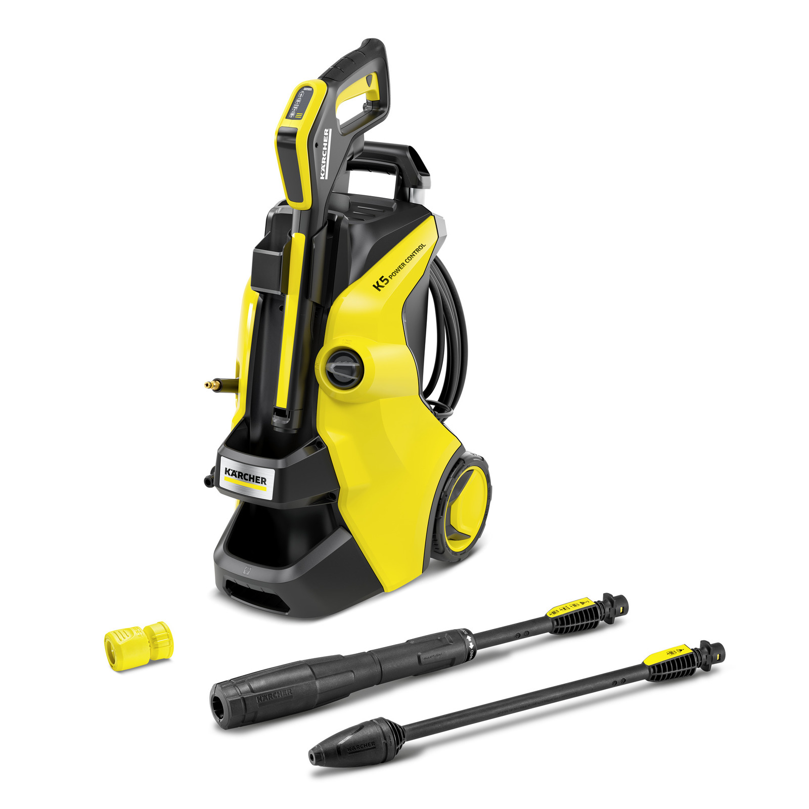 Kärcher K5 Power Control high-pressure cleaner with yellow and black design, two spray lances, and a yellow nozzle. Kärcher K5 Power Control high-pressure cleaner with yellow and black design, two spray lances, and a yellow nozzle.