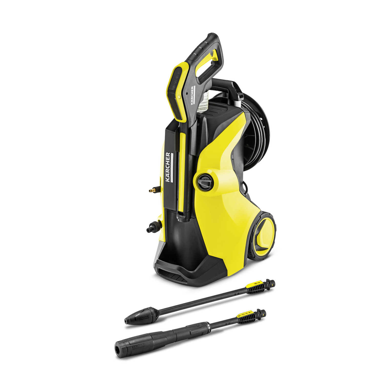 Yellow Kärcher high-pressure cleaner with two detachable nozzles, featuring a hose reel and wheels for mobility.