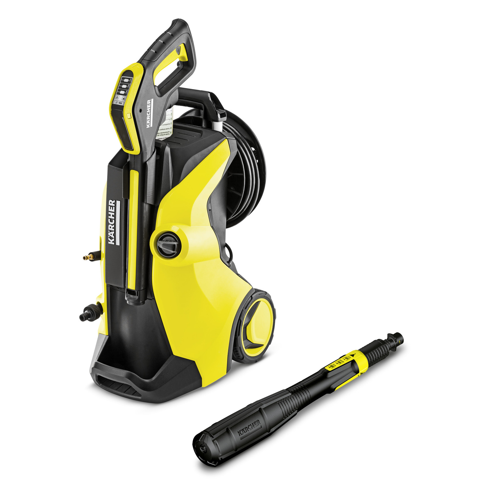 Kärcher high-pressure cleaner with yellow and black design, hose reel, and detachable spray wand.