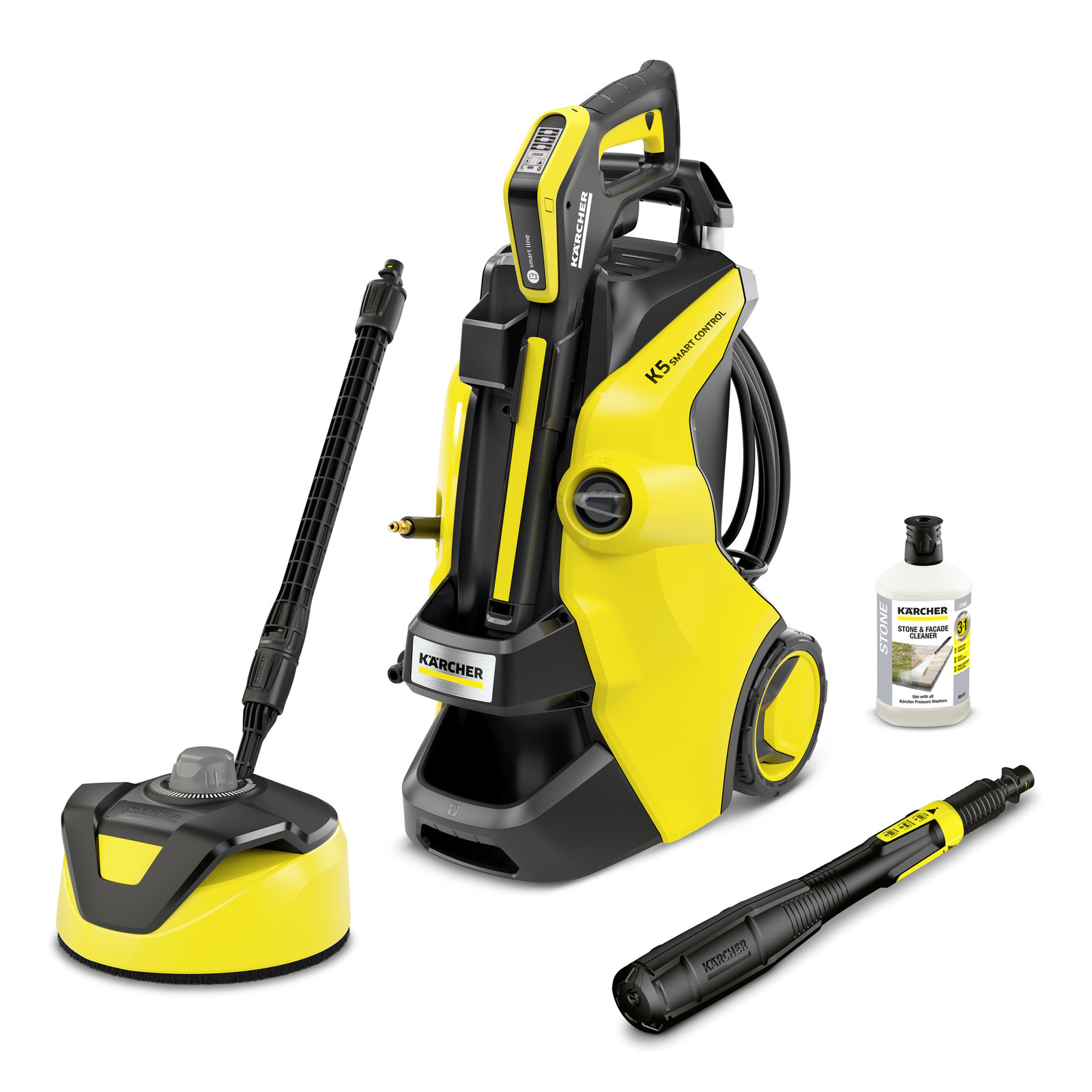 Aspirator Kärcher K5 Smart Control galben, cu accesorii și detergent pentru curățare piatră.