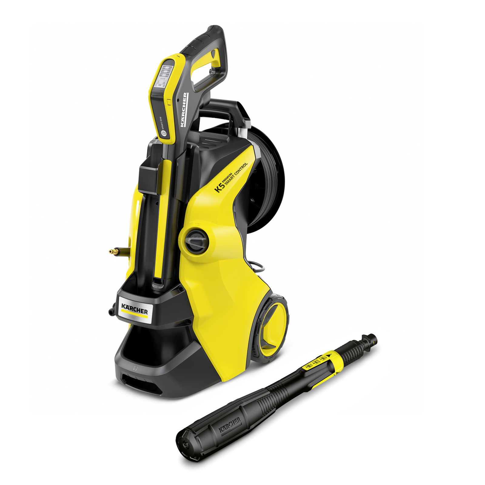 Kärcher K5 Smart Control high-pressure cleaner with a yellow and black design, featuring a spray lance. Kärcher K5 Smart Control high-pressure cleaner with a yellow and black design, featuring a spray lance.