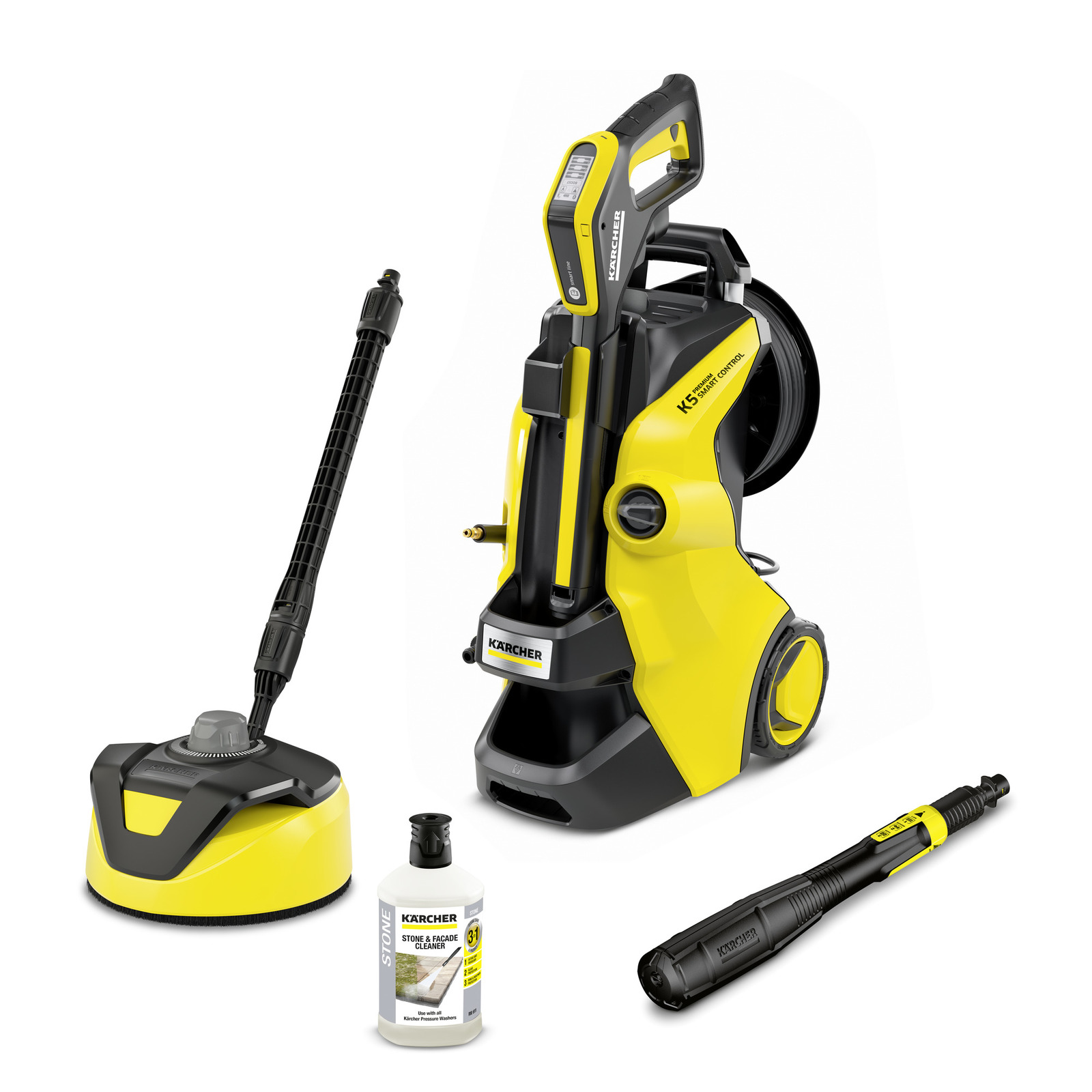 Aspirator Kärcher K5 Smart Control galben-negru, accesorii de curățare și detergent.