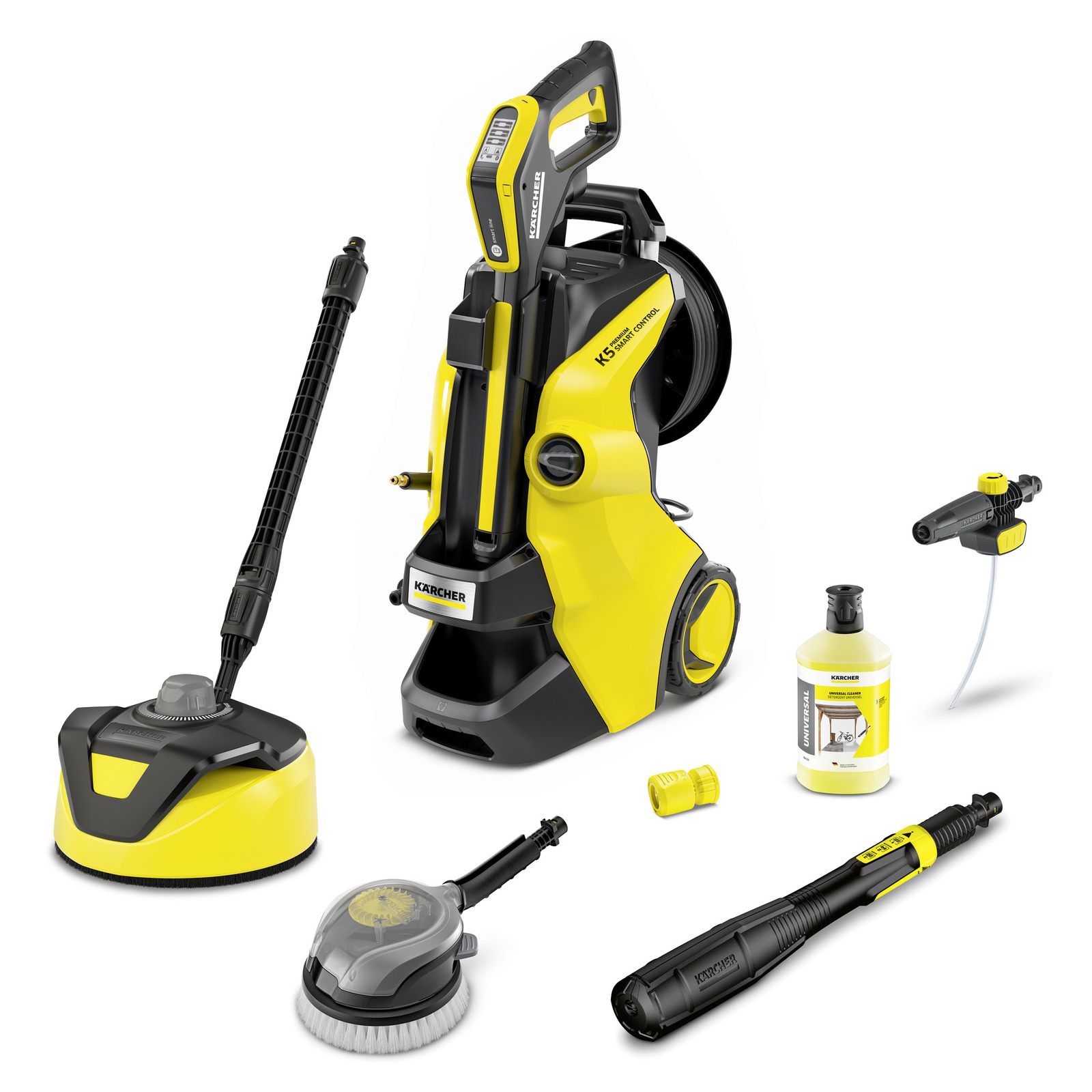 Kärcher high-pressure cleaner with various attachments, including a surface cleaner, brush, spray gun, and detergent bottle.