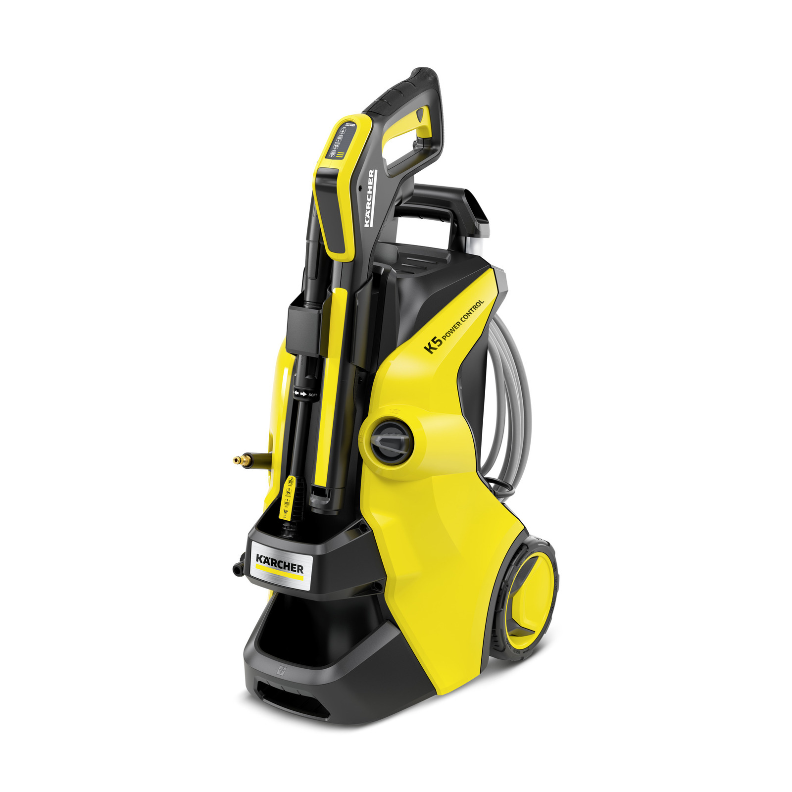 Kärcher K5 Power Control high-pressure cleaner, yellow and black, with hose and handle, standing upright.