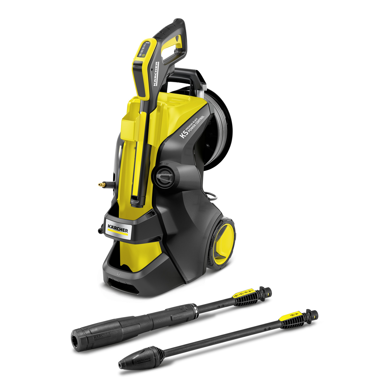 Kärcher K5 high-pressure cleaner with two spray lances, featuring a yellow and black design.