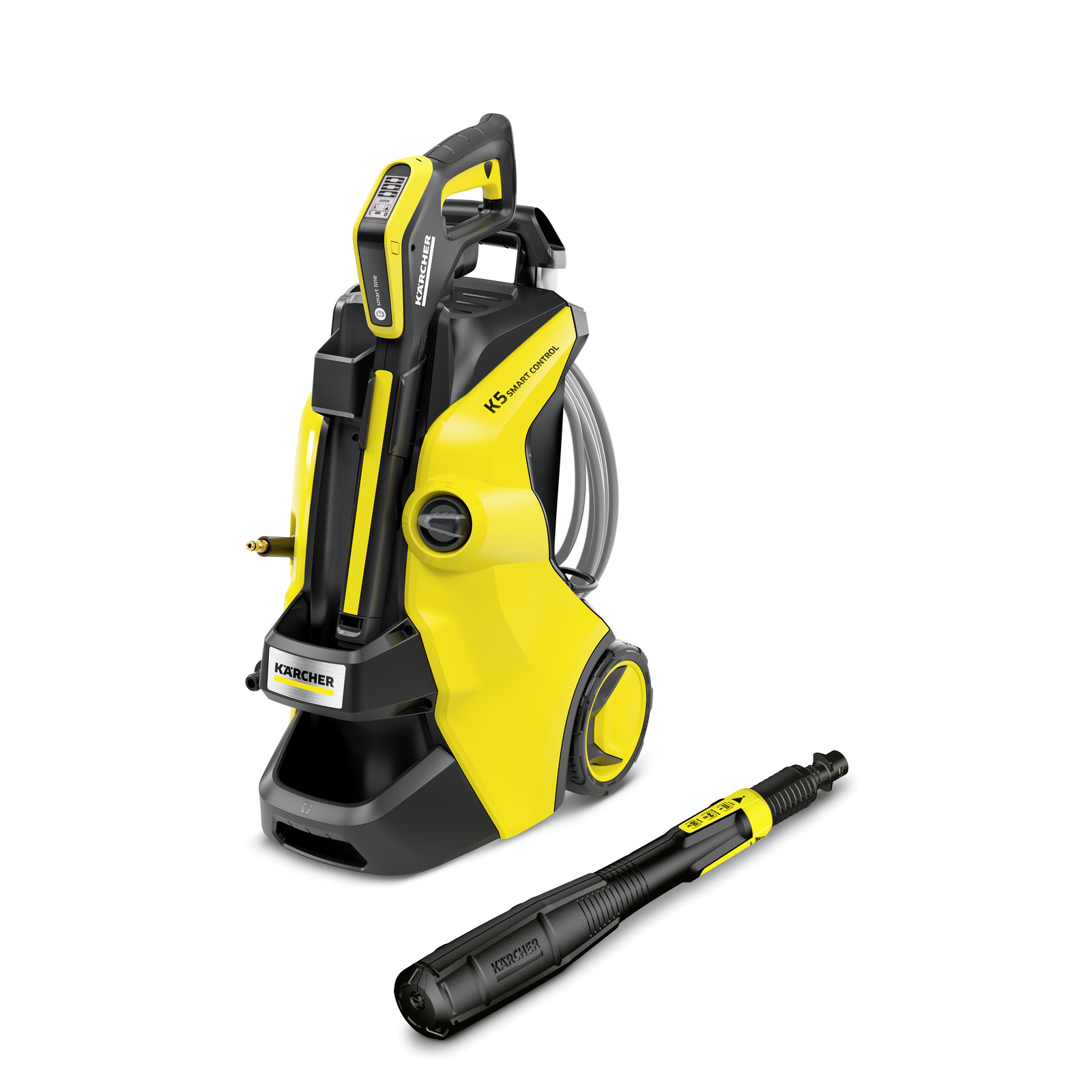 Kärcher K5 Smart Control high-pressure cleaner in yellow and black, with a detachable spray lance.