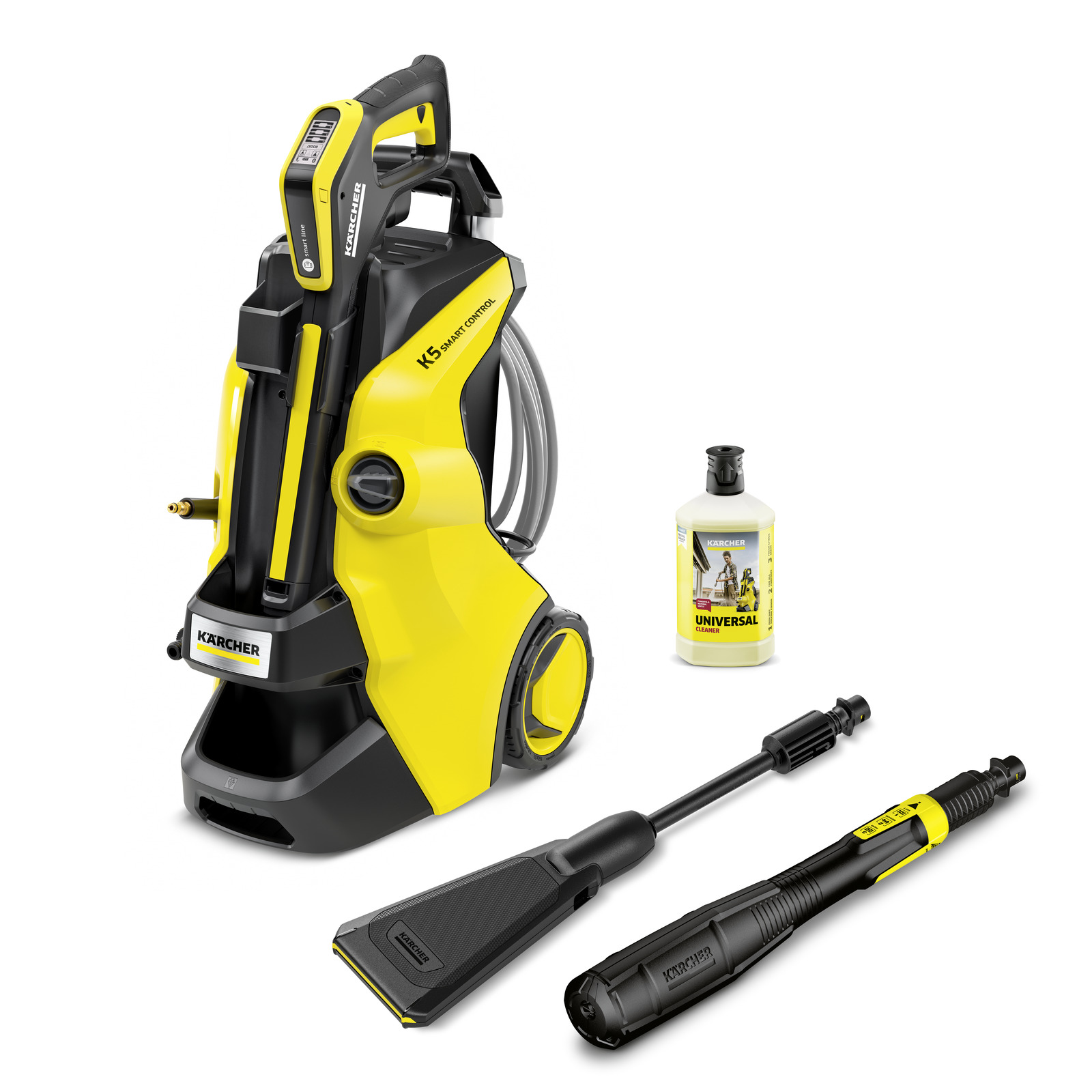 Aspirator Kärcher K5 Smart Control galben-negru, detergent universal și două accesorii pentru curățare.